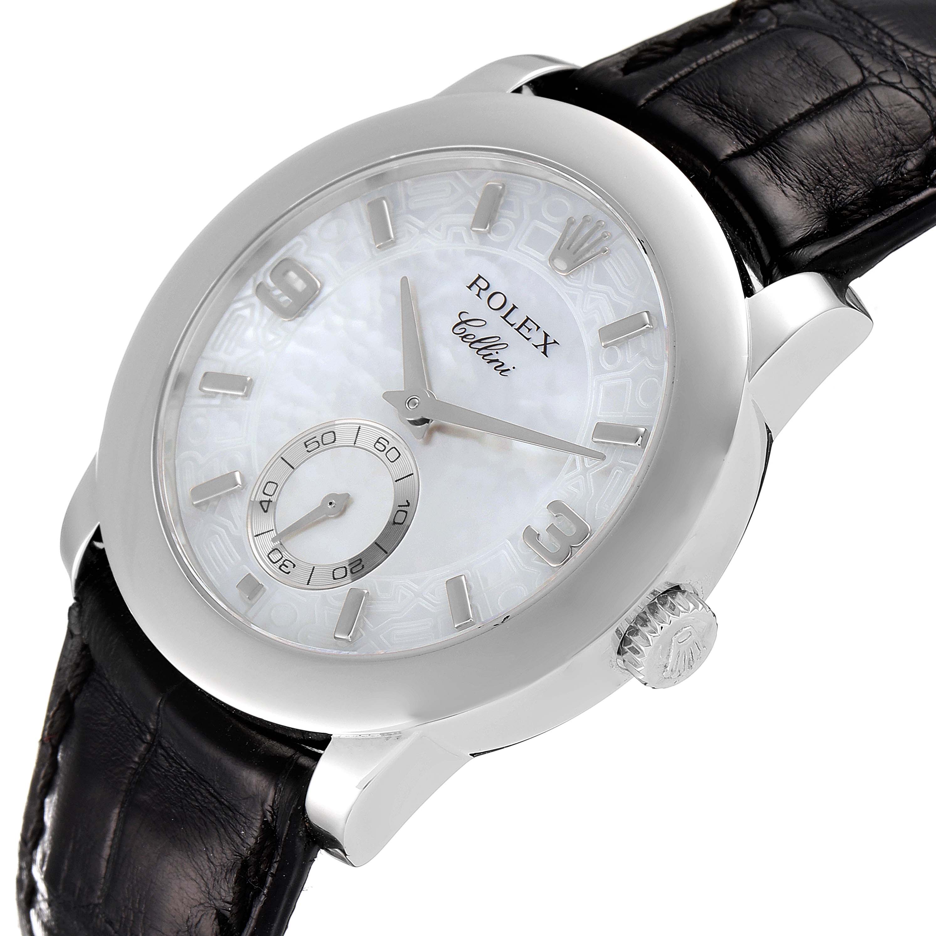 This image shows a Rolex Cellini 5240 Men's Platinum Mother of Pearl Dial 5240 Men's Platinum Mother of Pearl Dial watch at a slight side angle, displaying the face, crown, and leather strap.