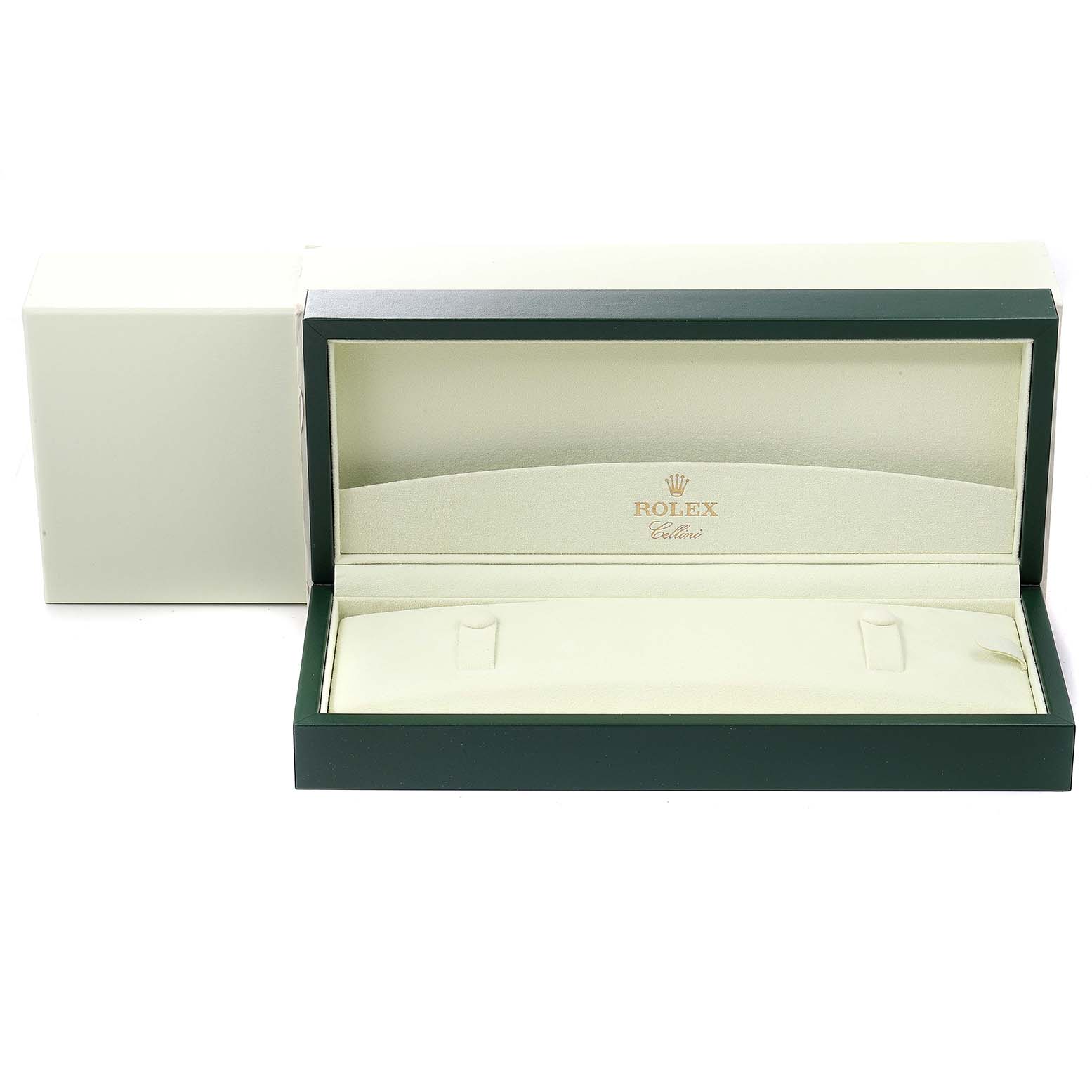 The image shows an open green and beige Rolex Cellini 5240 Men's Platinum Mother of Pearl Dial 5240 Men's Platinum Mother of Pearl Dial watch box with the logo and name inside.