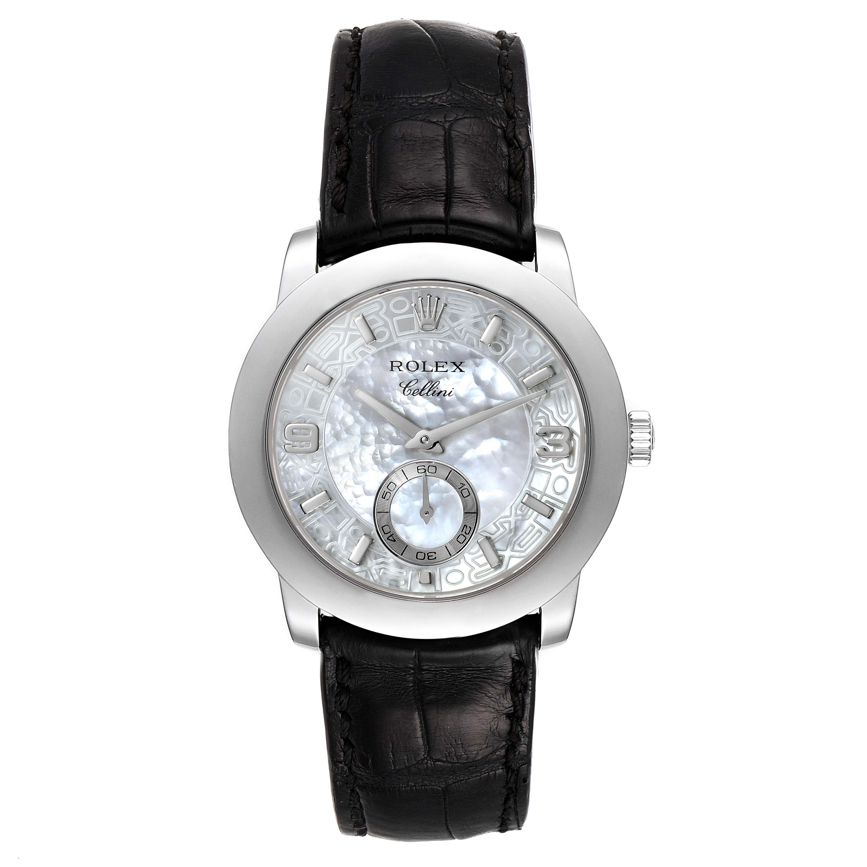 The image shows a front view of a Rolex Cellini 5240 Men's Platinum Mother of Pearl Dial 5240 Men's Platinum Mother of Pearl Dial watch with a black leather strap and a mother-of-pearl dial.
