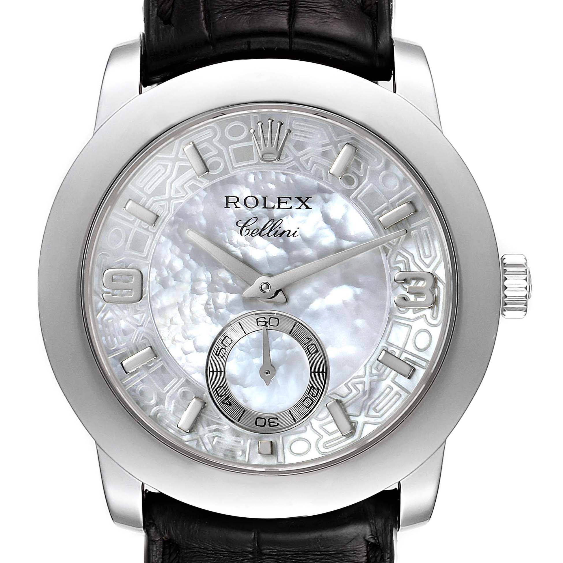 This image shows a front angle of a Rolex Cellini 5240 Men's Platinum Mother of Pearl Dial 5240 Men's Platinum Mother of Pearl Dial watch, showcasing its face, crown, and leather band.