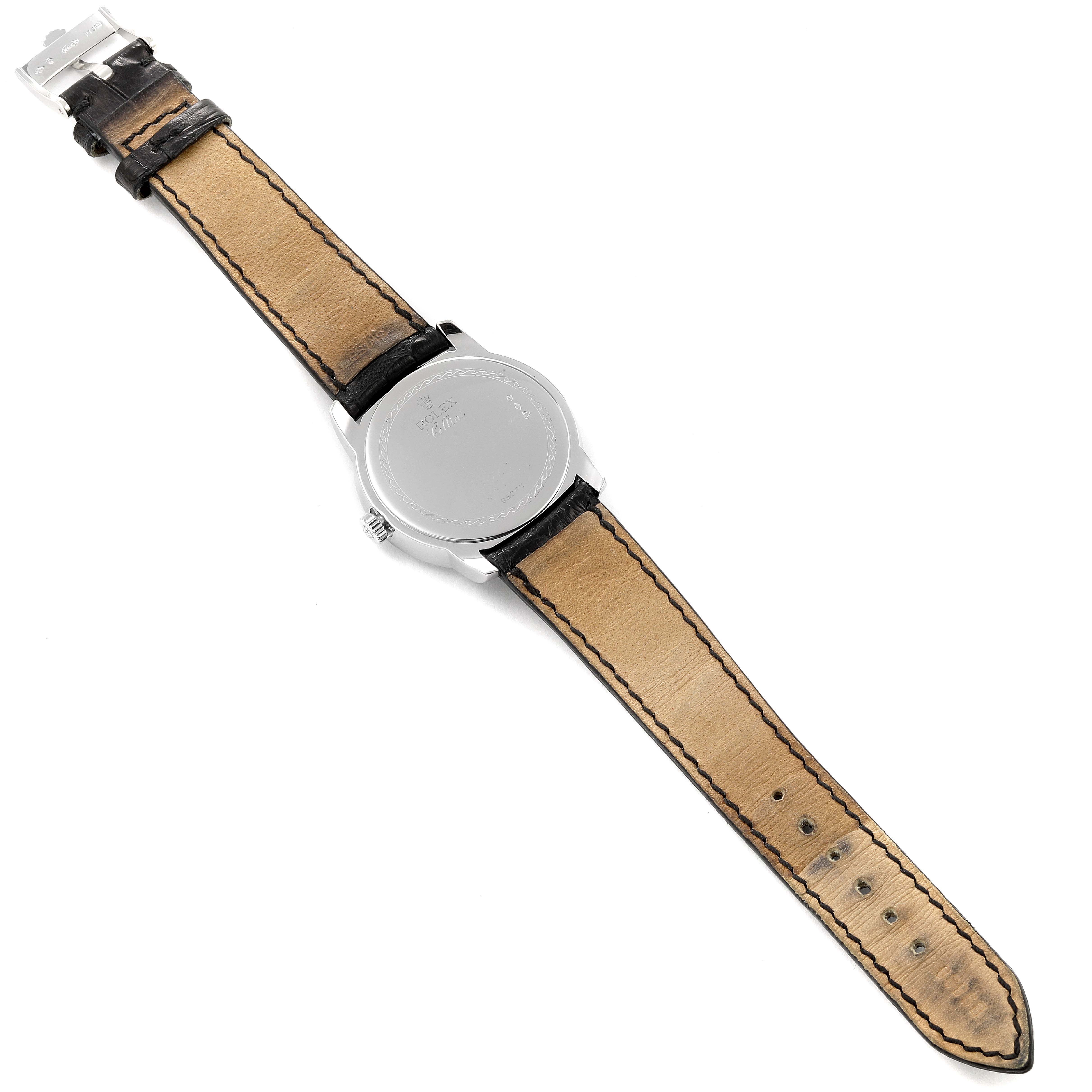 The image shows the back of a Rolex Cellini 5240 Men's Platinum Mother of Pearl Dial 5240 Men's Platinum Mother of Pearl Dial watch, including the case back, crown, and the full length of the strap.