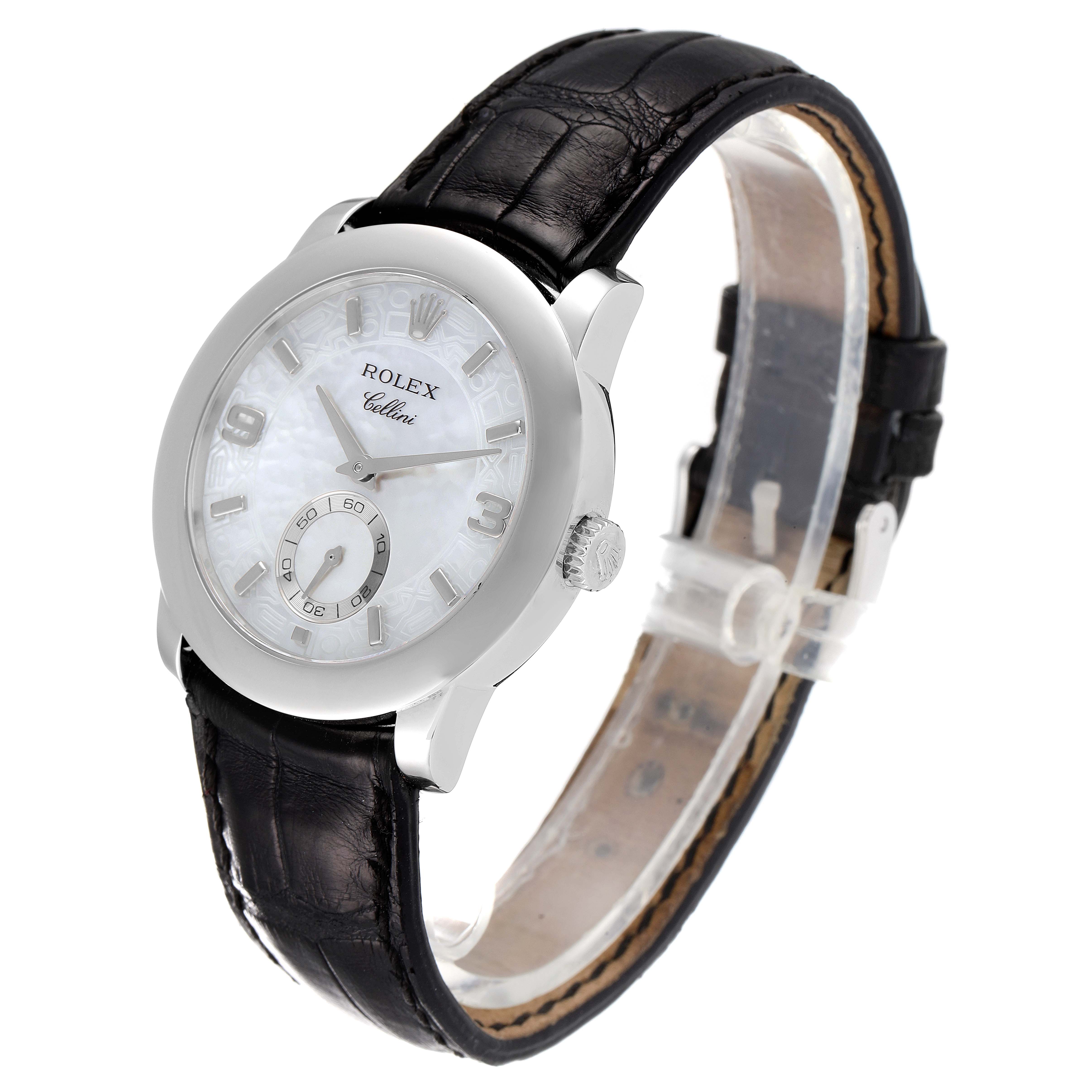 The image shows a side angle of a Rolex Cellini 5240 Men's Platinum Mother of Pearl Dial 5240 Men's Platinum Mother of Pearl Dial watch, highlighting its black leather strap and white dial with silver markers.