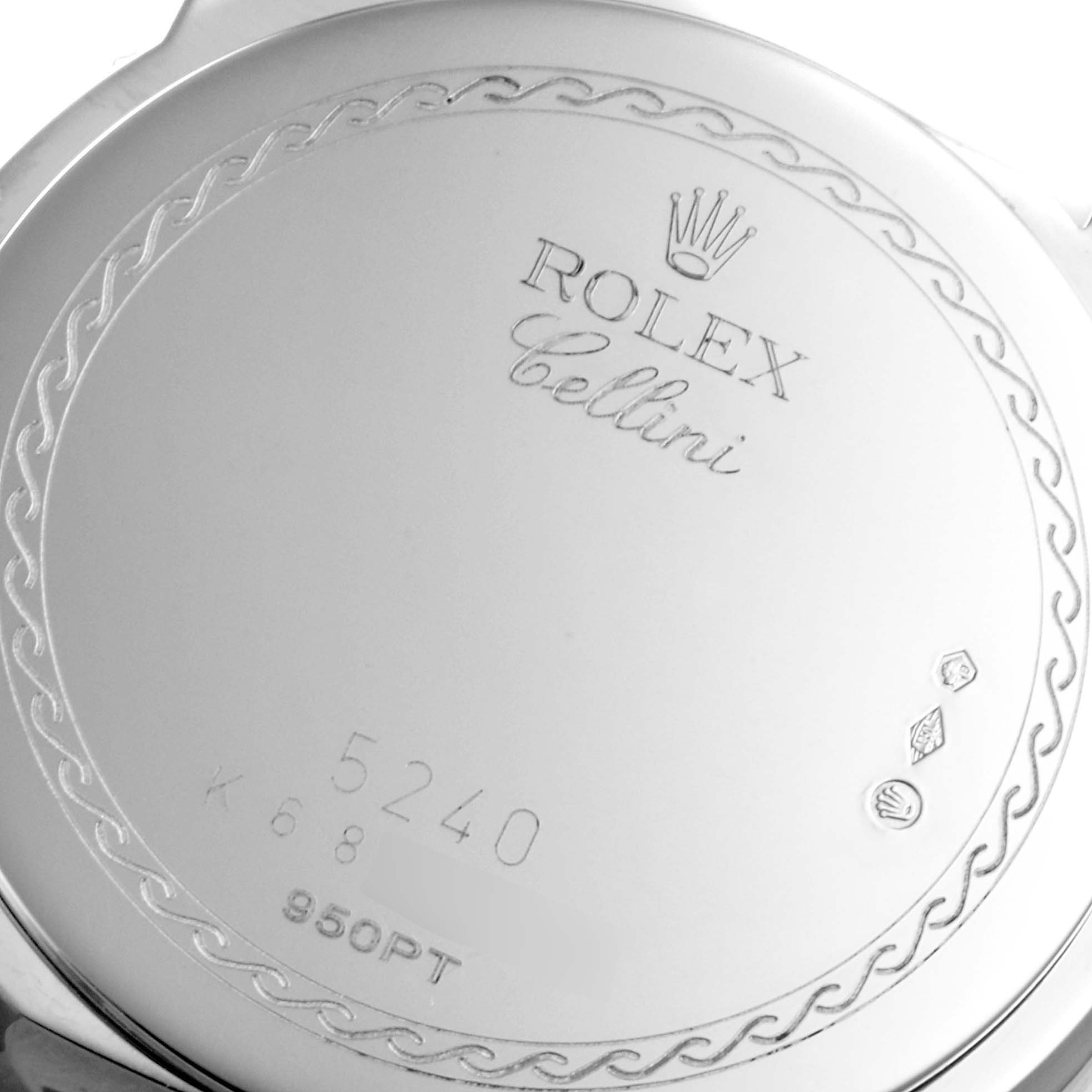 The image shows the back case of a Rolex Cellini 5240 Men's Platinum Mother of Pearl Dial 5240 Men's Platinum Mother of Pearl Dial watch, displaying model number and hallmark engravings.