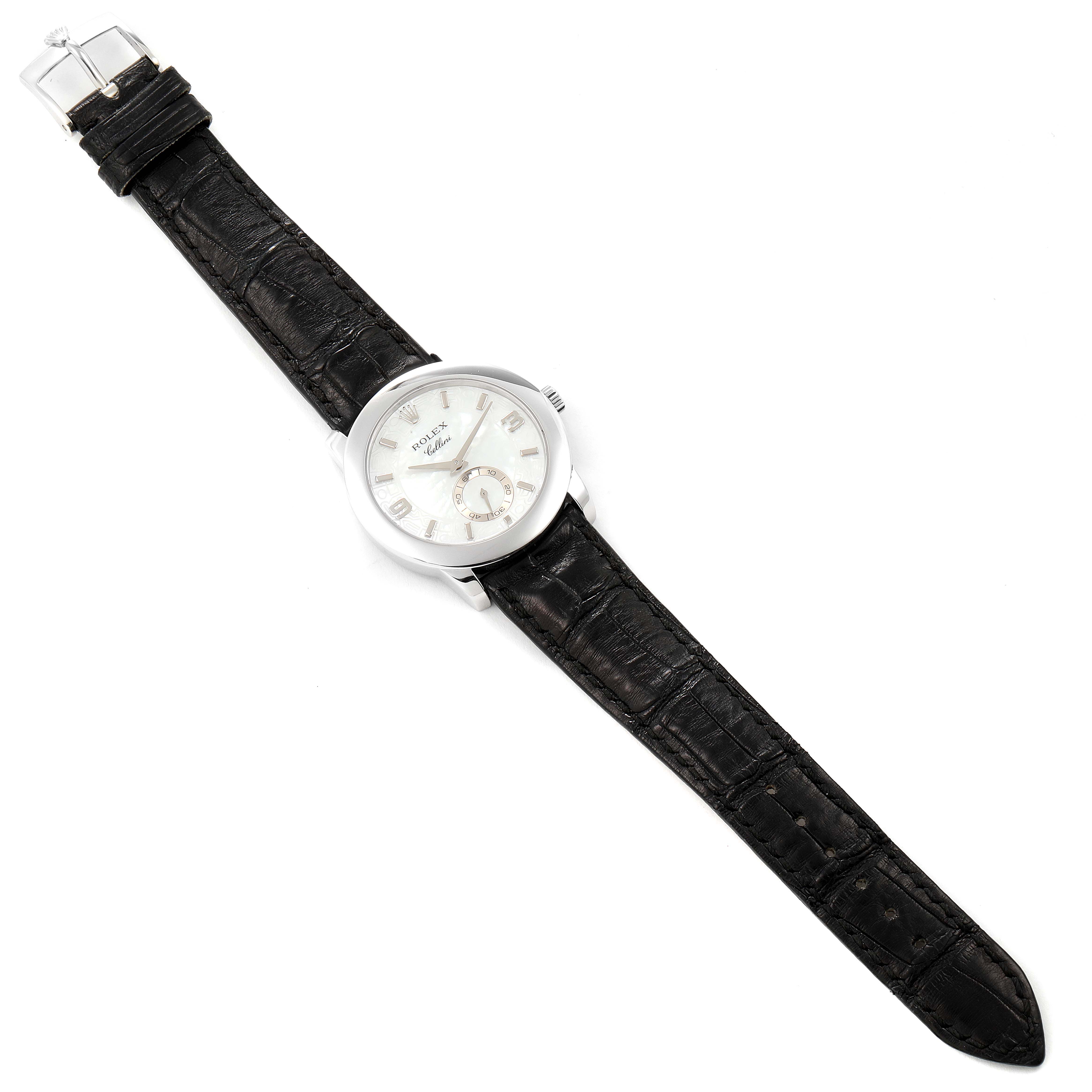 This is an overhead view of a Rolex Cellini 5240 Men's Platinum Mother of Pearl Dial 5240 Men's Platinum Mother of Pearl Dial watch, showing the face, dial, and black leather strap.