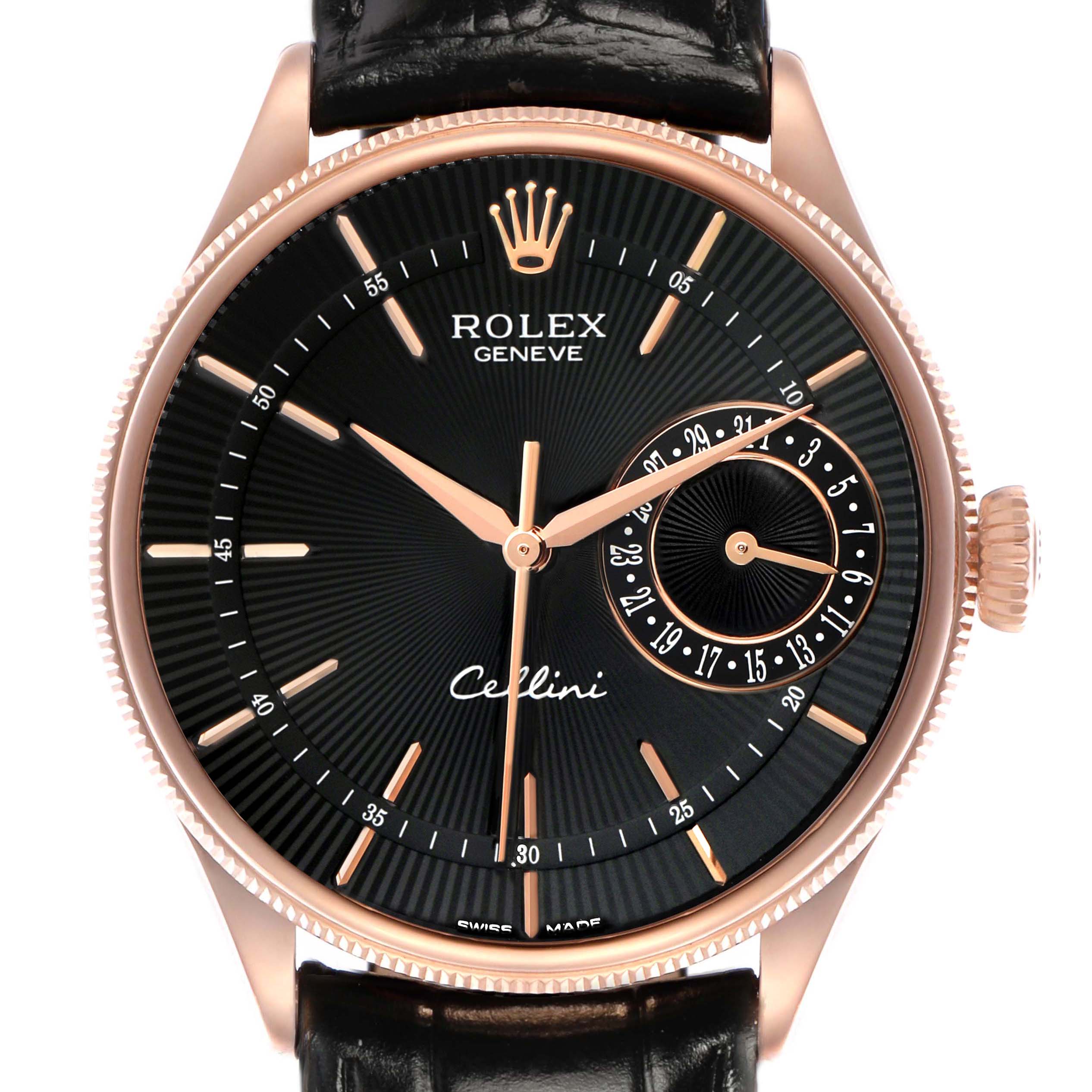 The Rolex Cellini 50515 Men's Rose Gold Black Dial watch is shown from a front angle, displaying its black dial, golden hands, hour markers, and date subdial.