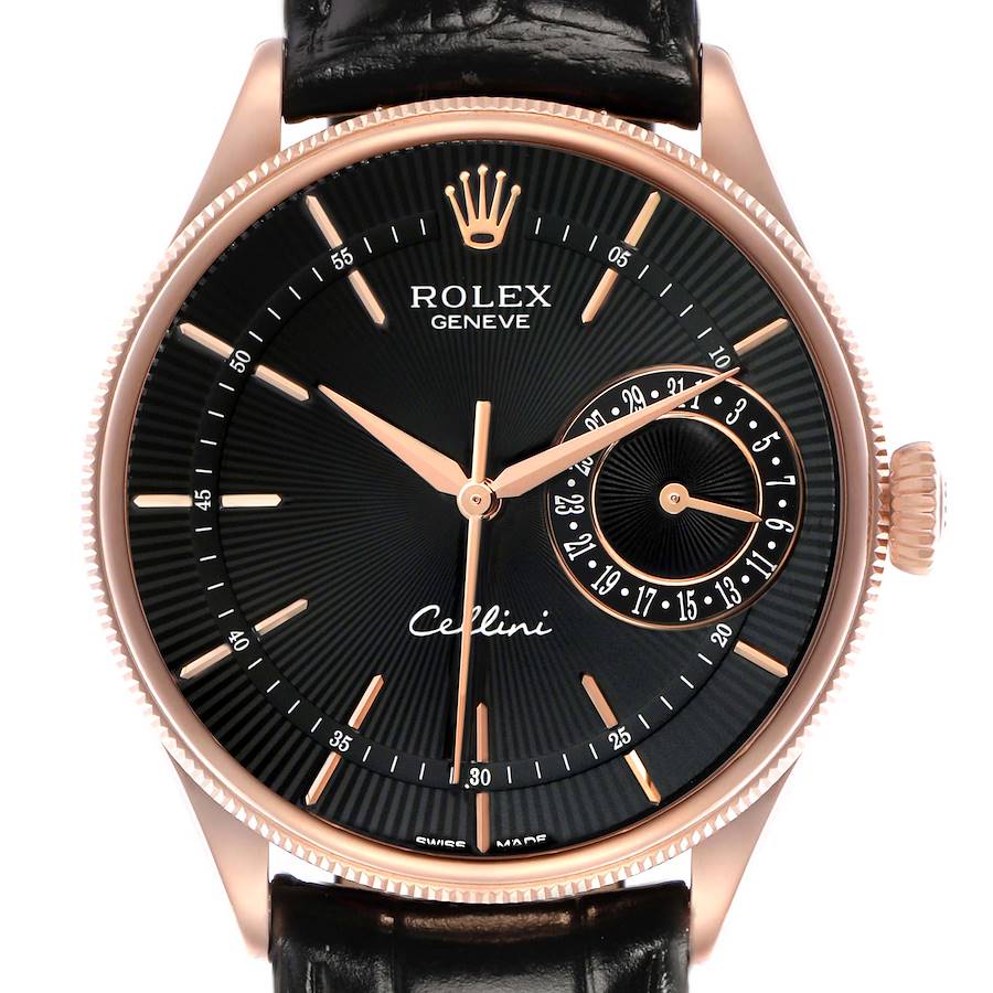 The Rolex Cellini 50515 Men's Rose Gold Black Dial watch is shown from a front angle, displaying its black dial, golden hands, hour markers, and date subdial.