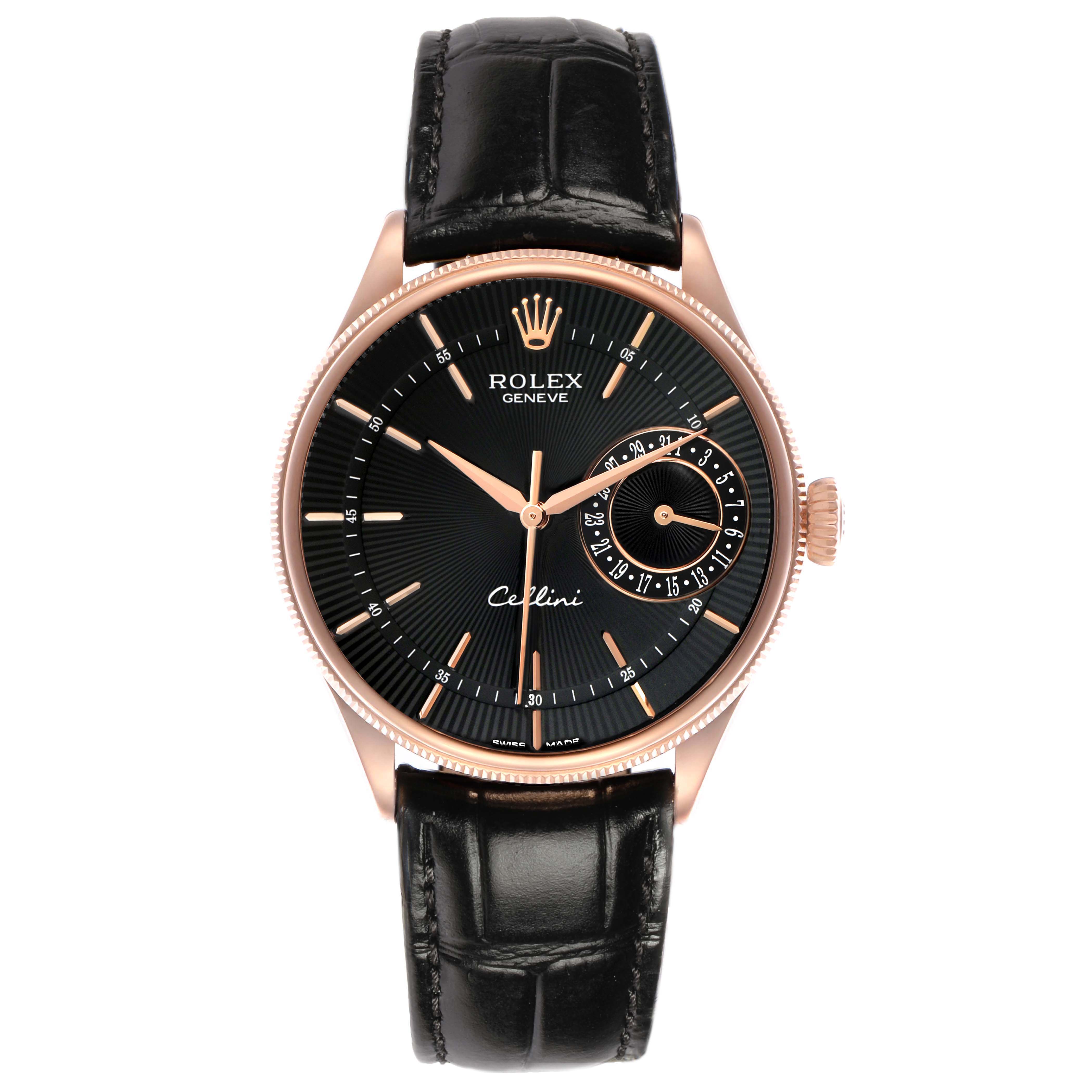 The Rolex Cellini 50515 Men's Rose Gold Black Dial watch is shown from a direct front angle, highlighting the black dial, rose gold hands, and black leather strap.