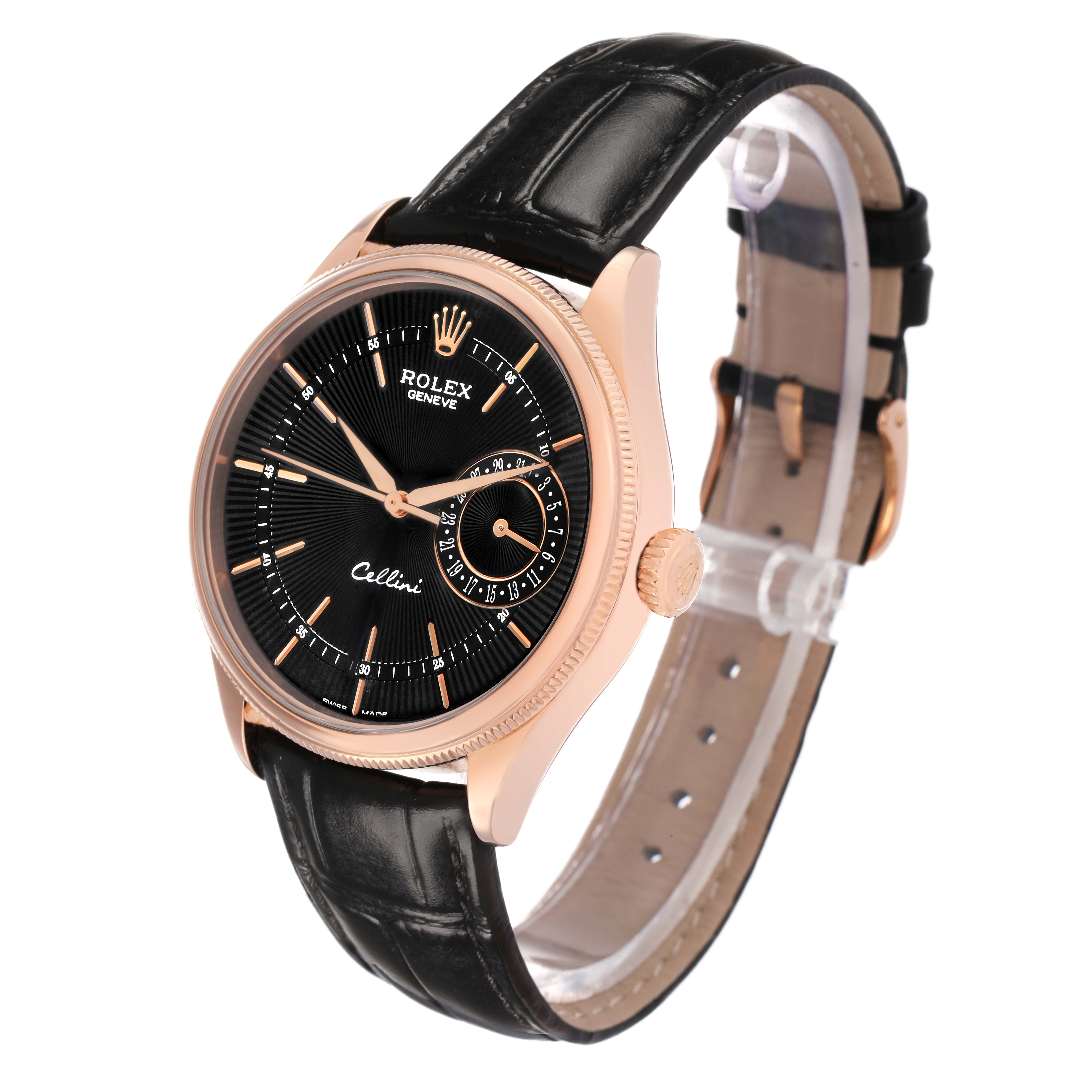 The image shows a Rolex Cellini 50515 Men's Rose Gold Black Dial watch at a slight angle, highlighting the black dial, gold case, crown, and leather strap.