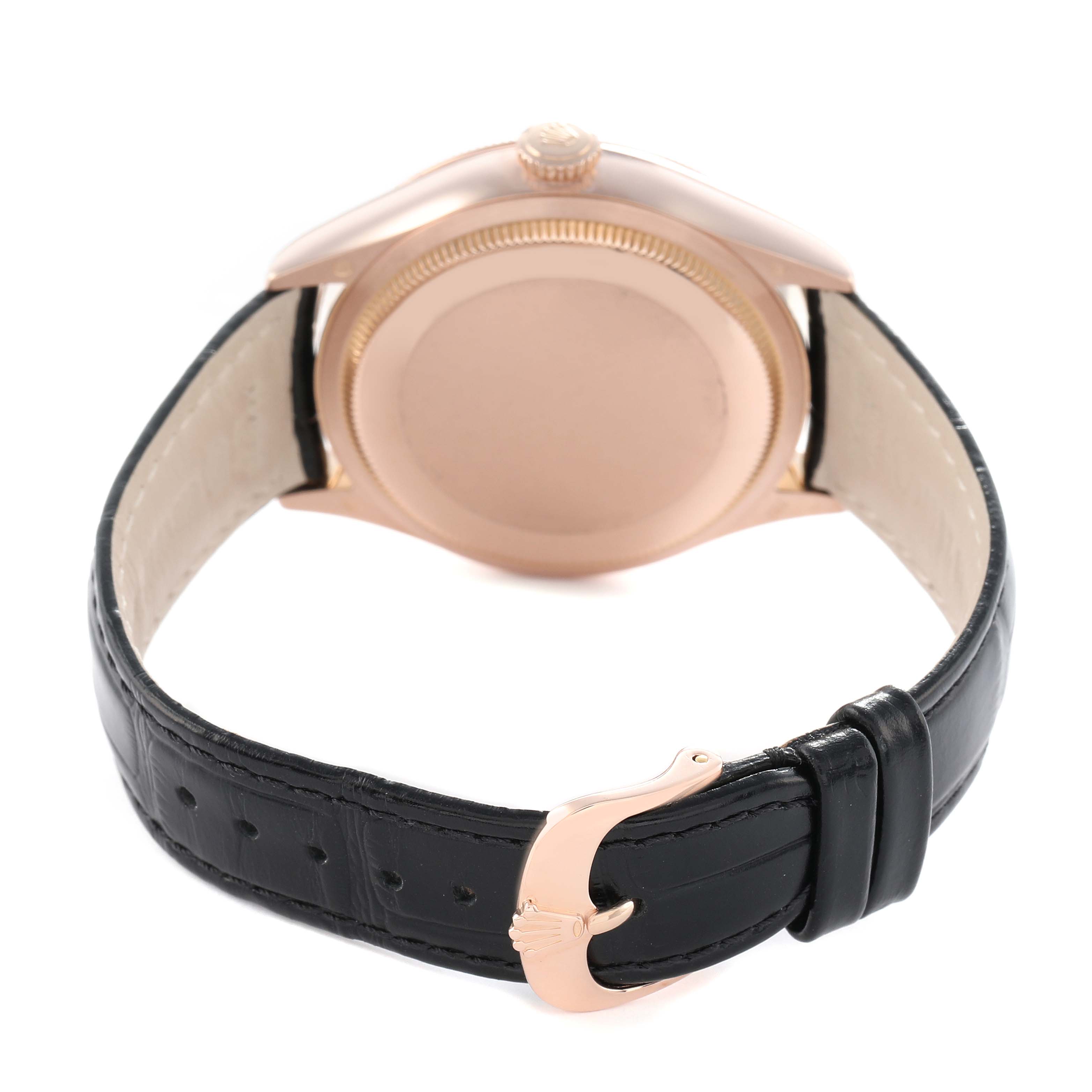 The Rolex Cellini 50515 Men's Rose Gold Black Dial watch is shown from the back, featuring the case, crown, and leather strap with a clasp.