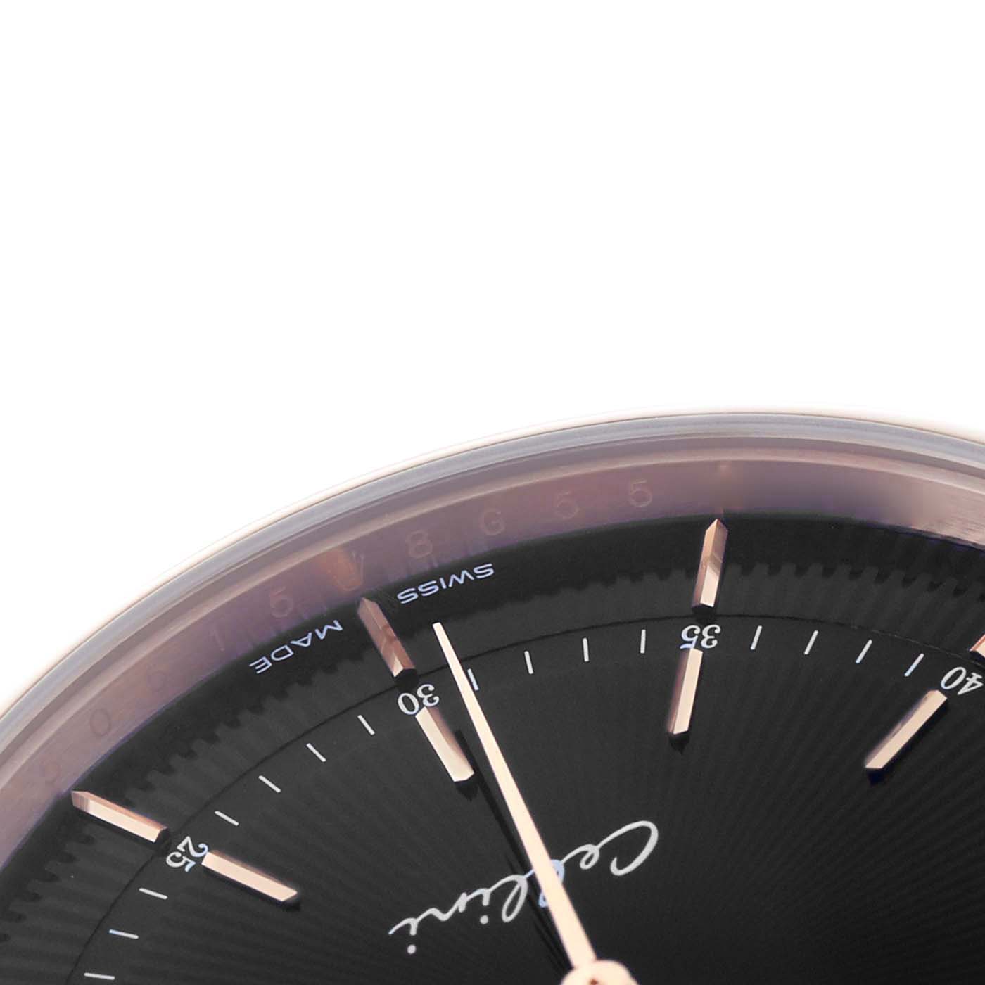 The image shows a close-up of the dial and indices of a Rolex Cellini 50515 Men's Rose Gold Black Dial watch, viewed from an upper oblique angle.
