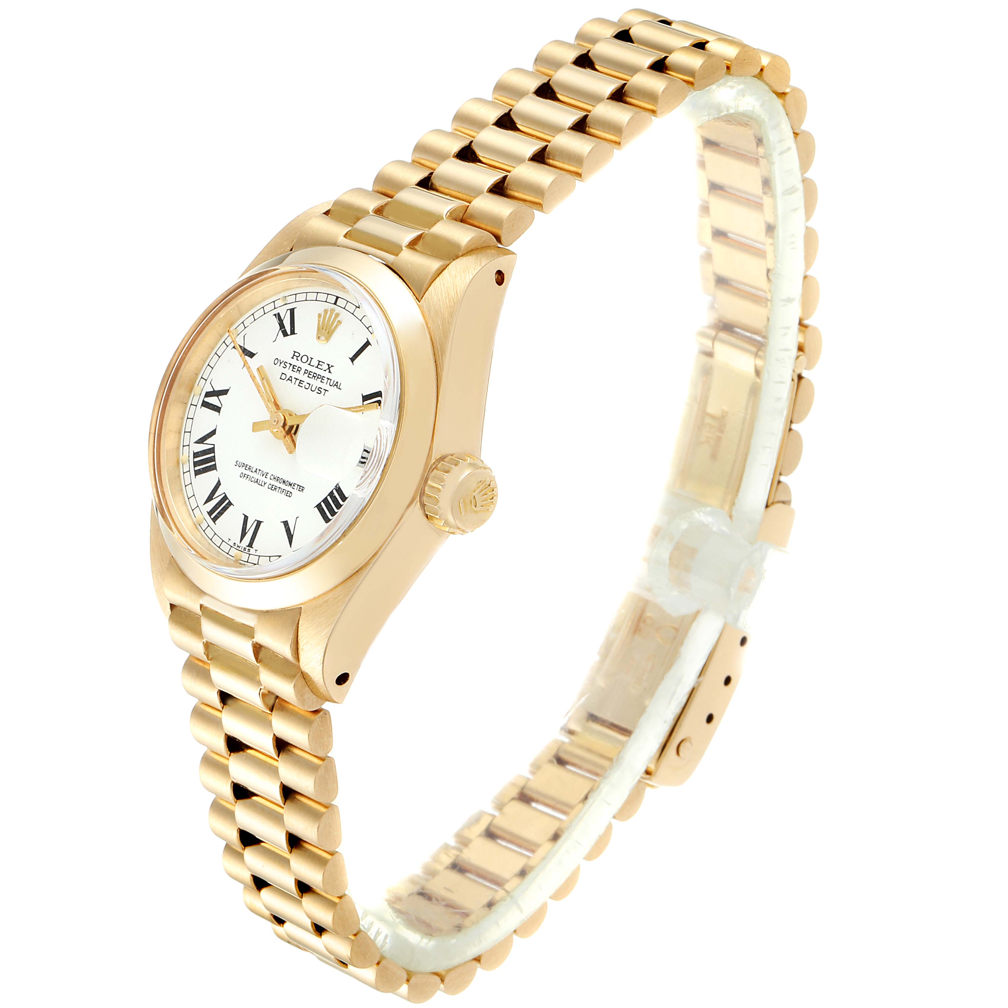 The image shows a side angle of a Rolex President 6916 Women
s Stainless Steel White Dial 6916 Women
s Stainless Steel White Dial model watch, highlighting the watch face and bracelet.