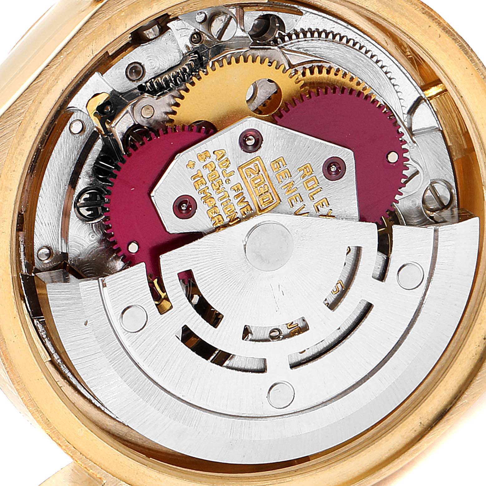 This image shows an angled close-up view of the inner mechanical movement of a Rolex President 6916 Women
s Stainless Steel White Dial 6916 Women
s Stainless Steel White Dial model watch.