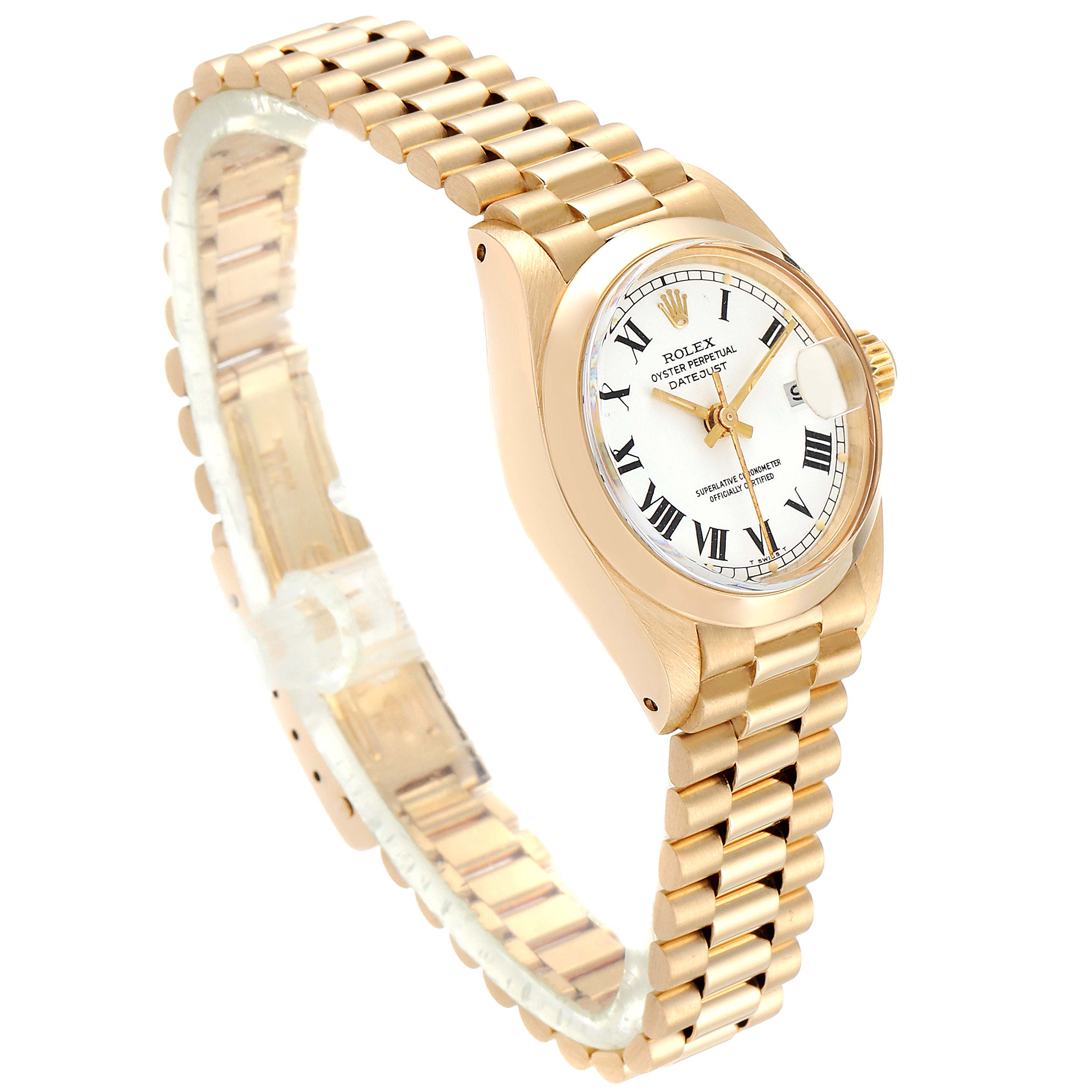 This image shows a Rolex President 6916 Women
s Stainless Steel White Dial 6916 Women
s Stainless Steel White Dial model watch at a slight angle, highlighting its gold strap, dial, and crown.