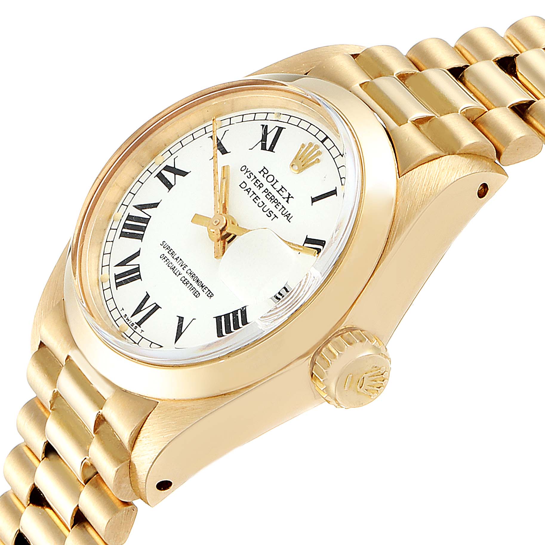 The angle shows a close-up of the Rolex President 6916 Women
s Stainless Steel White Dial 6916 Women
s Stainless Steel White Dial model, highlighting the face, bezel, crown, and part of the bracelet.