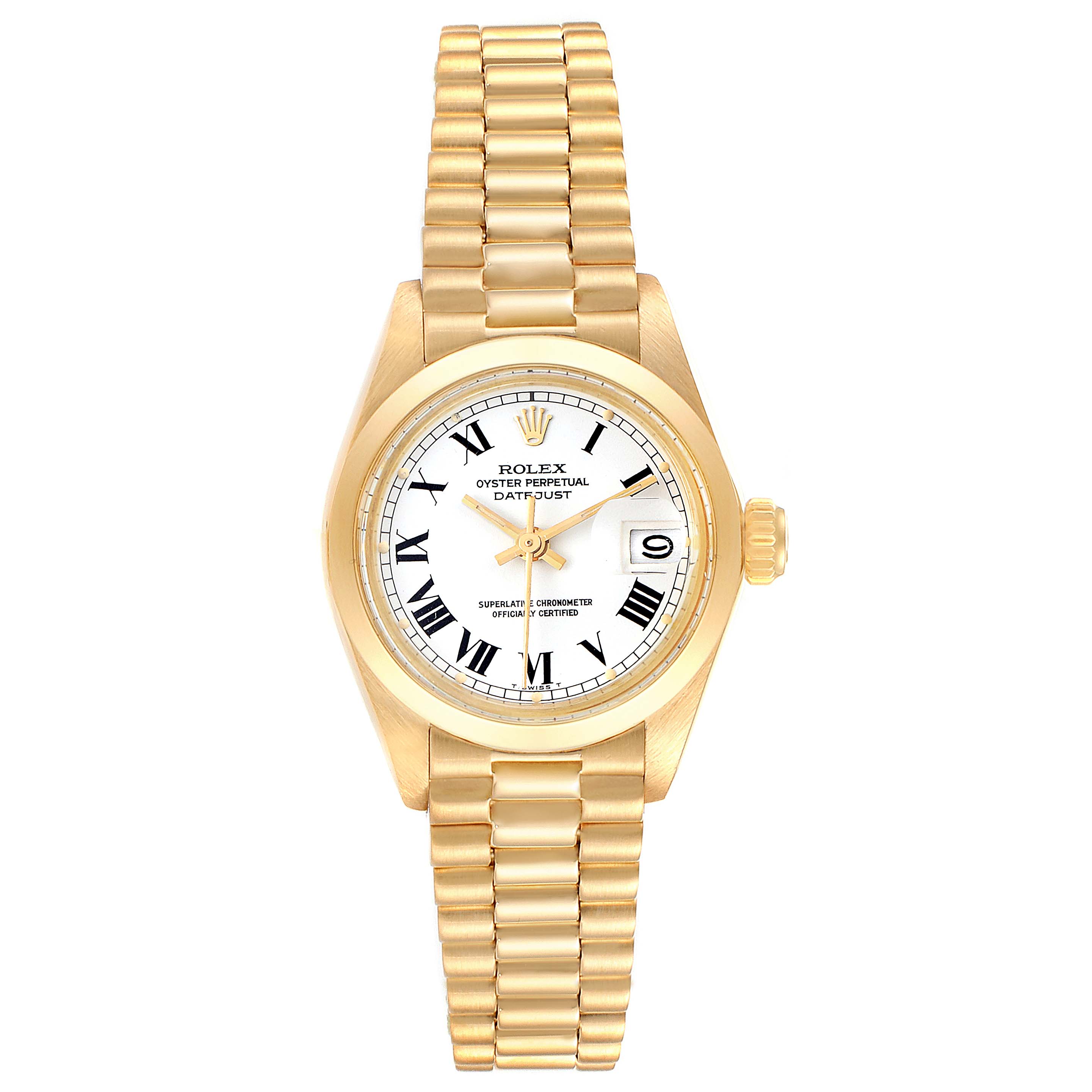 The image shows a front view of a Rolex President 6916 Women
s Stainless Steel White Dial 6916 Women
s Stainless Steel White Dial model watch, displaying the face, bezel, crown, and bracelet.