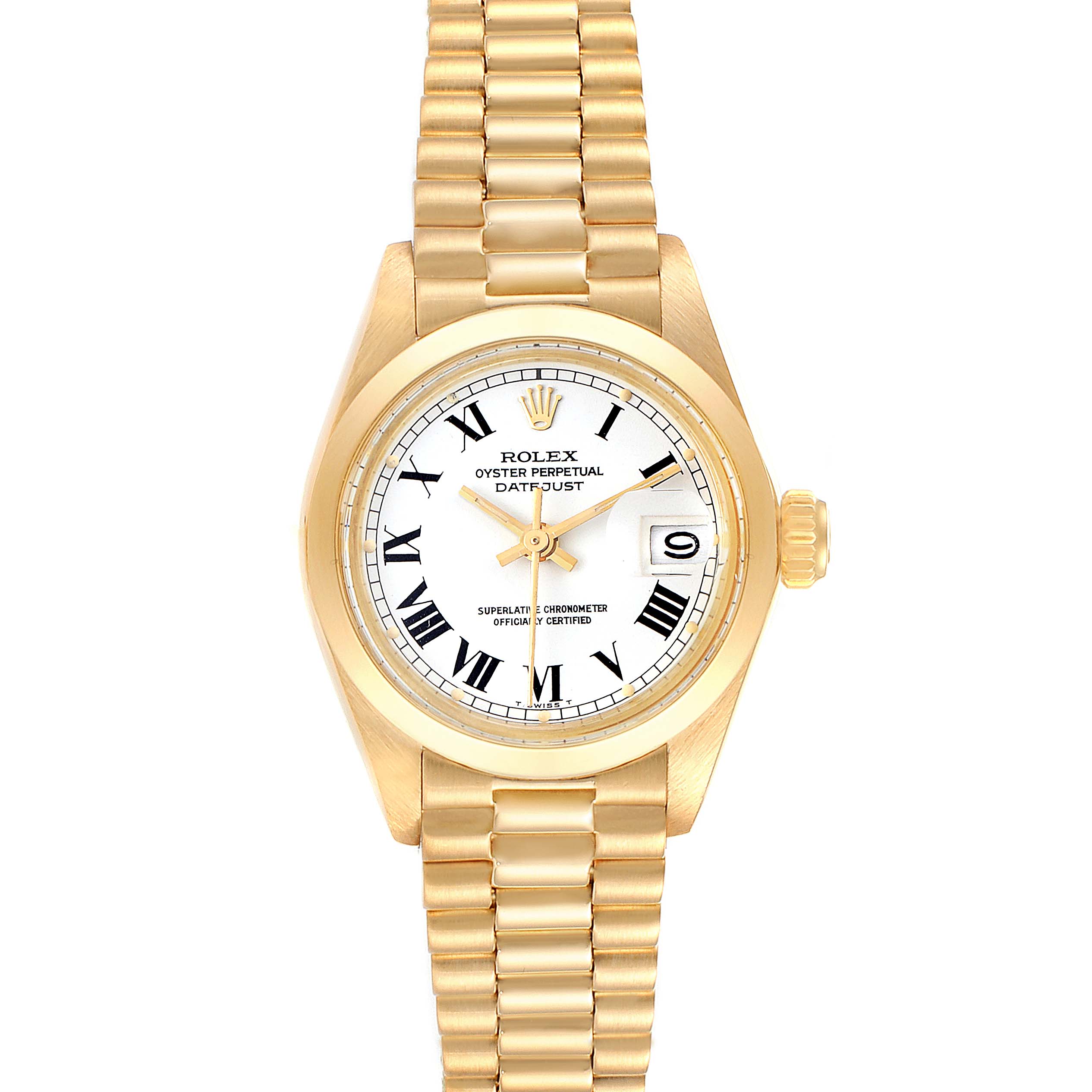 This image shows a front view of a Rolex President 6916 Women
s Stainless Steel White Dial 6916 Women
s Stainless Steel White Dial model watch, highlighting the dial, hands, bezel, crown, and bracelet.