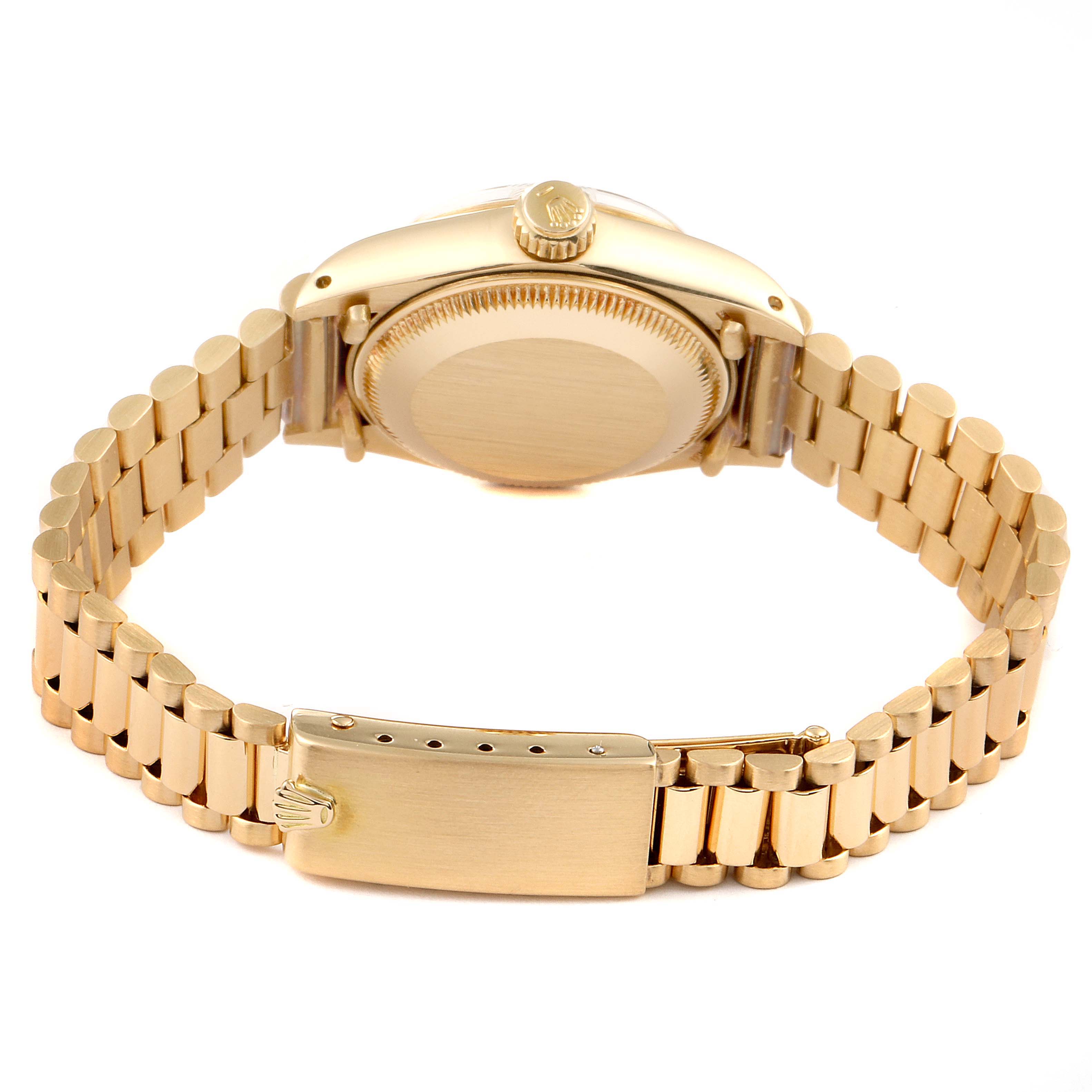 The image shows the back view of the Rolex President 6916 Women
s Stainless Steel White Dial 6916 Women
s Stainless Steel White Dial model watch, highlighting the case back and bracelet clasp.