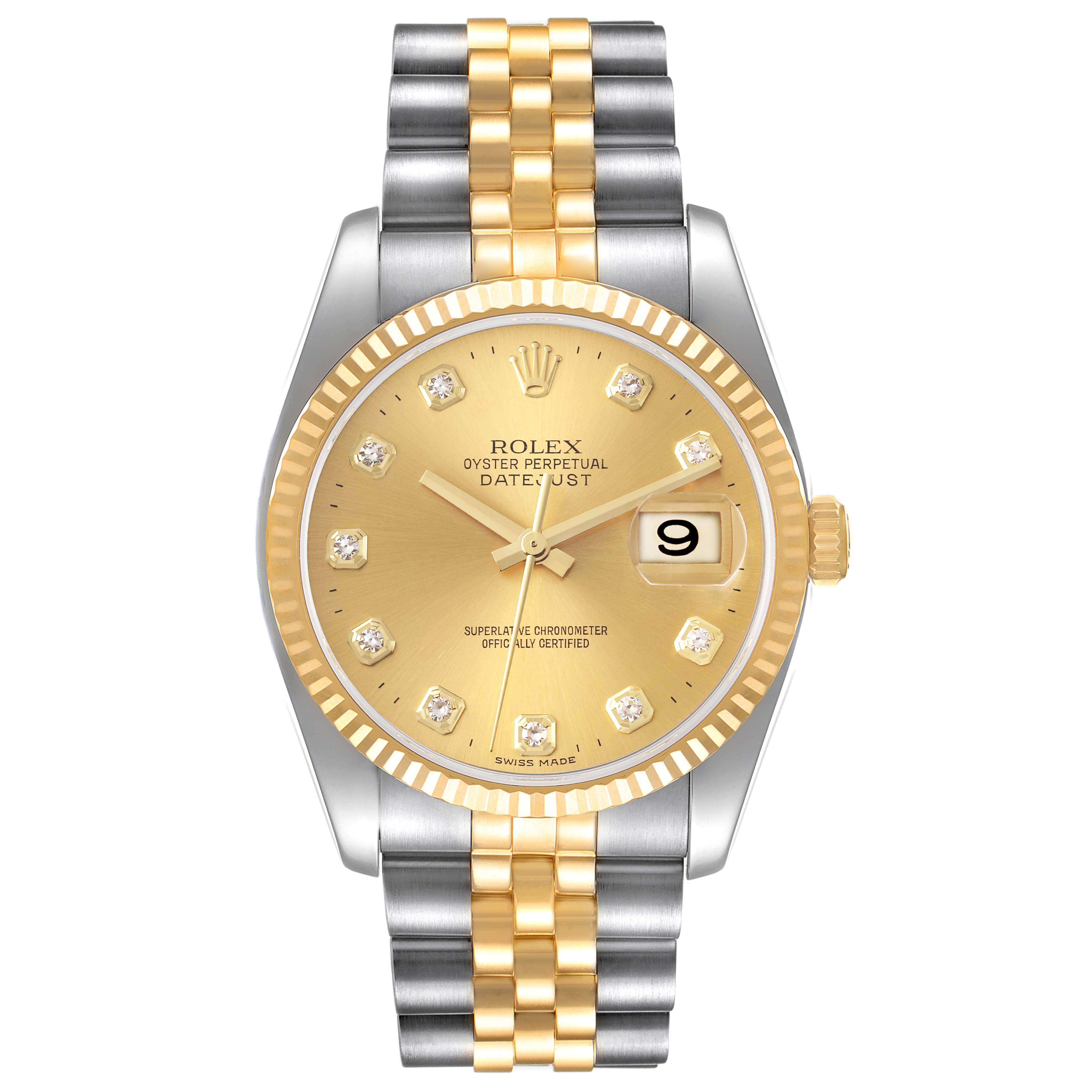 The image shows a Rolex Datejust 116233 Men's Steel and Gold (two tone) Champagne Dial 116233 Men's Steel and Gold (two tone) Champagne Dial watch from a front angle, featuring a two-tone bracelet, gold dial, and date display.