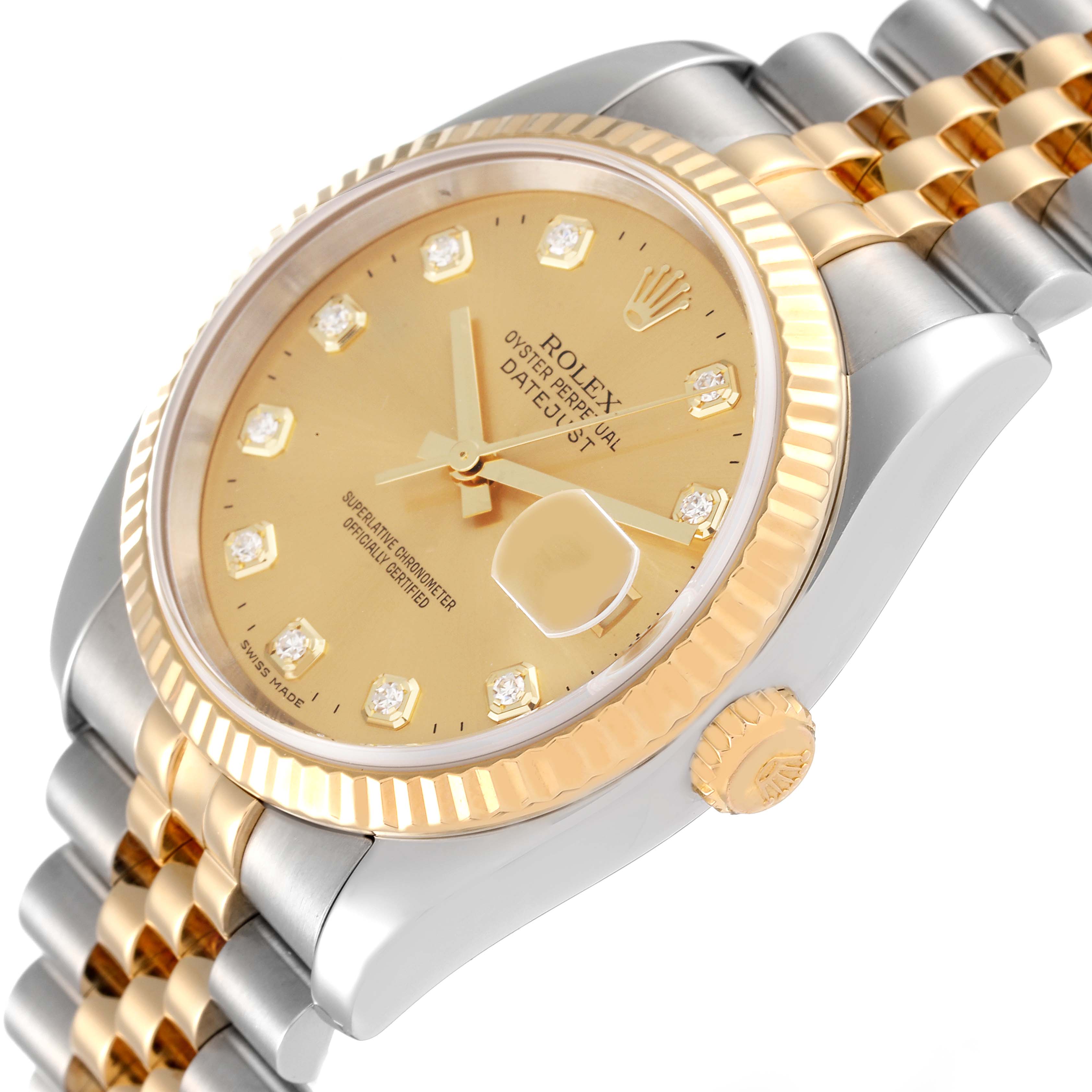 The image shows a close-up, angled view of a Rolex Datejust 116233 Men's Steel and Gold (two tone) Champagne Dial 116233 Men's Steel and Gold (two tone) Champagne Dial watch, highlighting the dial, bezel, and jubilee bracelet.