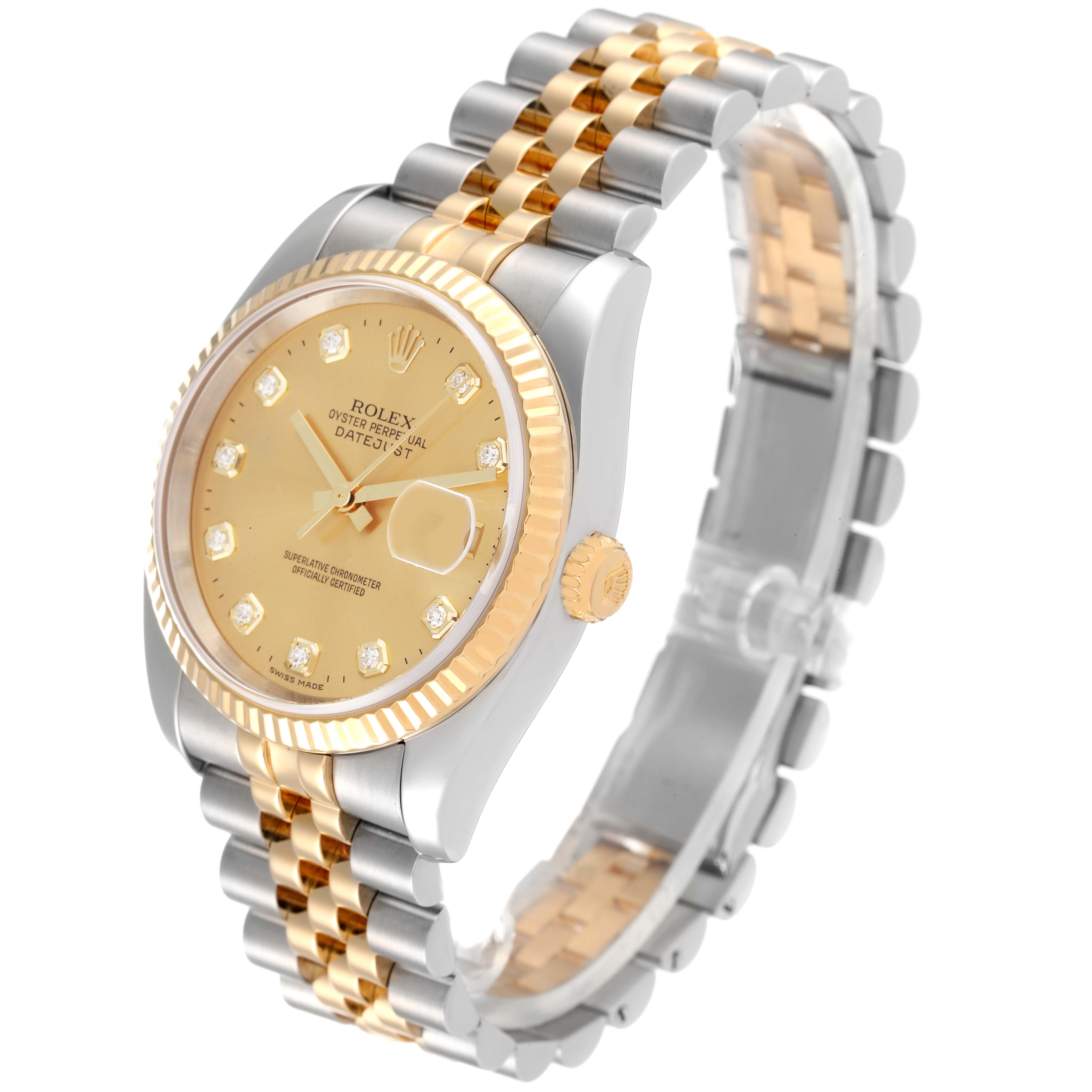 The image shows a three-quarter view of a Rolex Datejust 116233 Men's Steel and Gold (two tone) Champagne Dial 116233 Men's Steel and Gold (two tone) Champagne Dial watch, highlighting its face, bezel, band, and crown.
