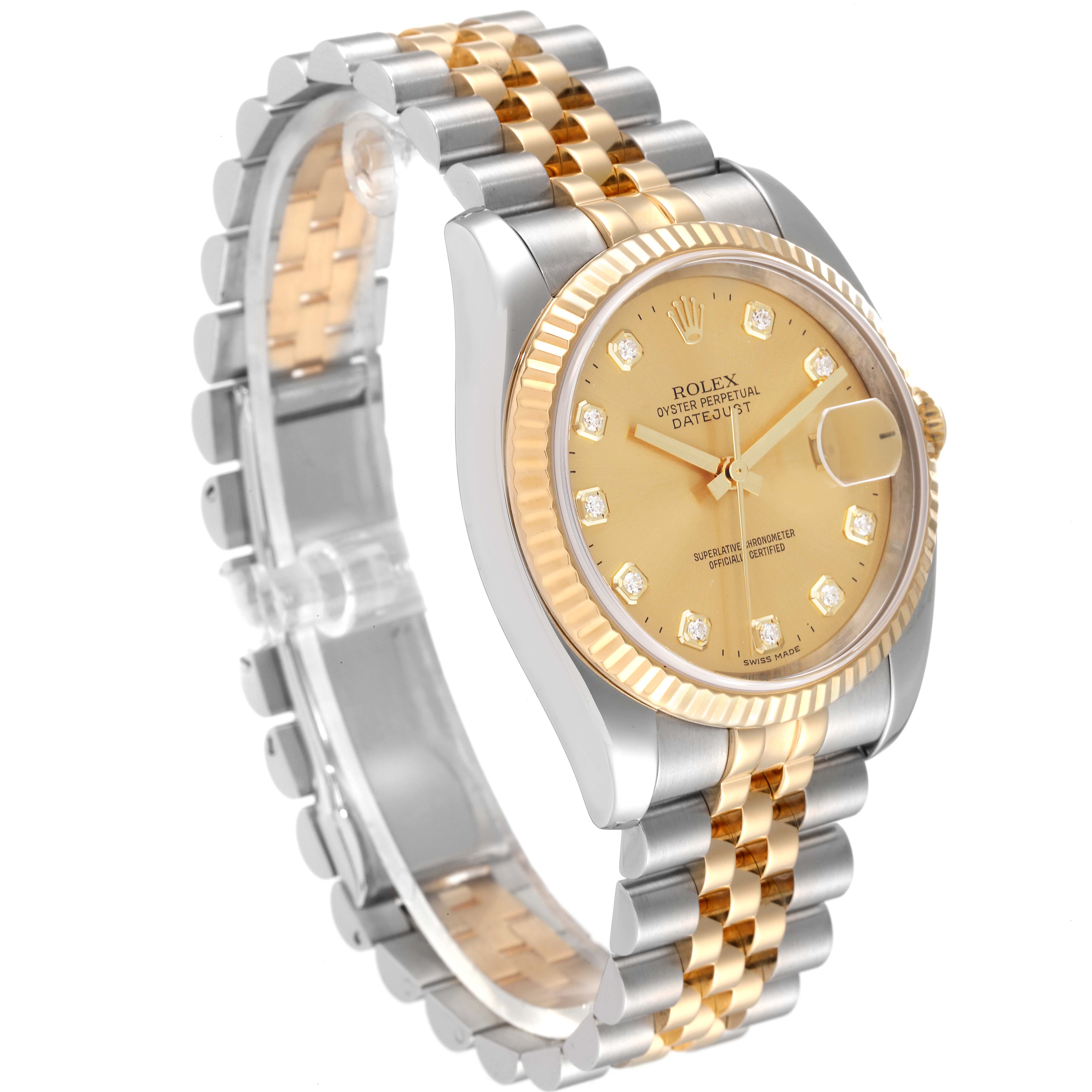 The image shows a side angle of a Rolex Datejust 116233 Men's Steel and Gold (two tone) Champagne Dial 116233 Men's Steel and Gold (two tone) Champagne Dial watch, highlighting its two-tone bracelet and champagne dial with diamond markers.