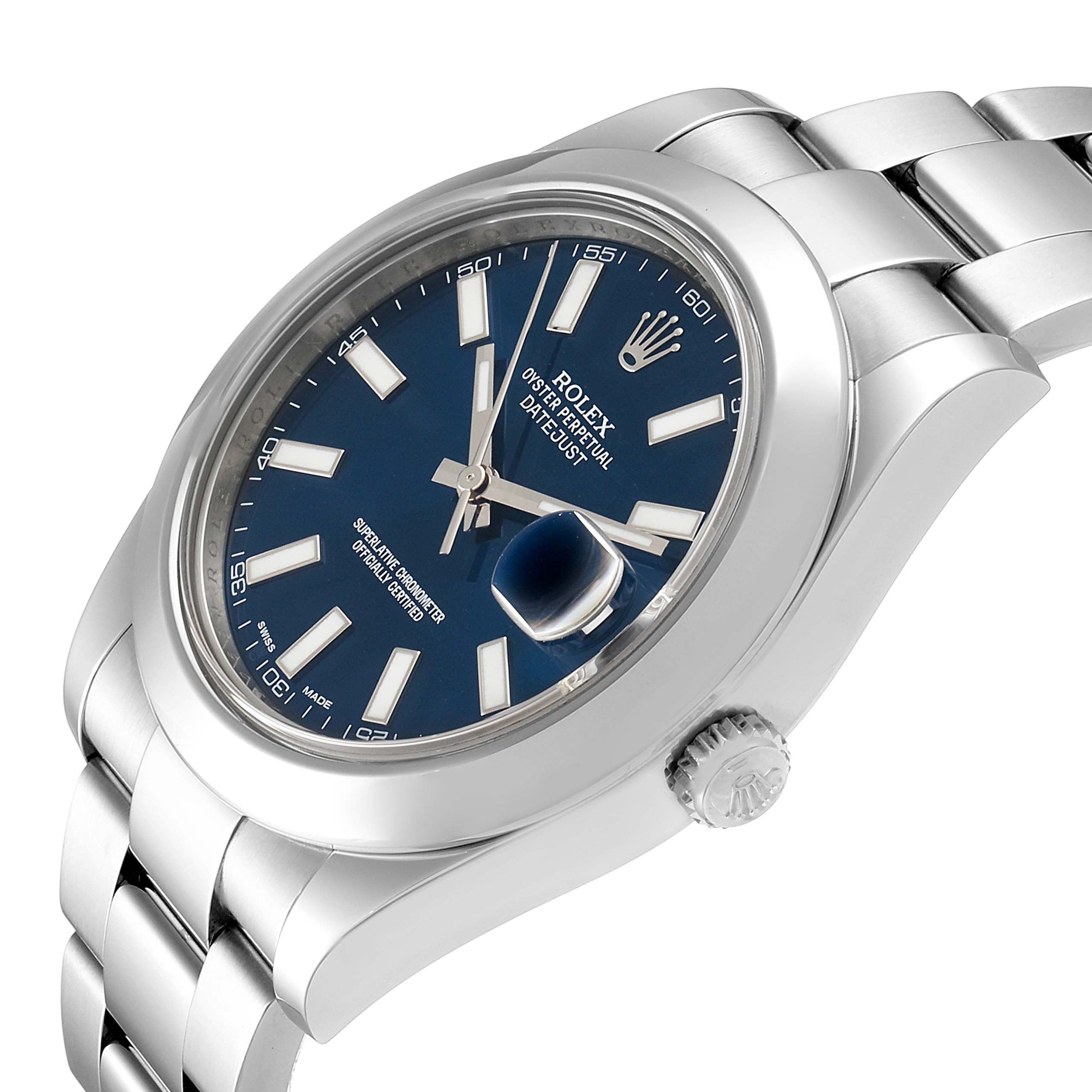 This image shows a side angle of the Rolex Datejust 41 116300 Men
s Stainless Steel Blue Dial 116300 Men
s Stainless Steel Blue Dial watch, featuring its blue dial, crown, and part of the bracelet.