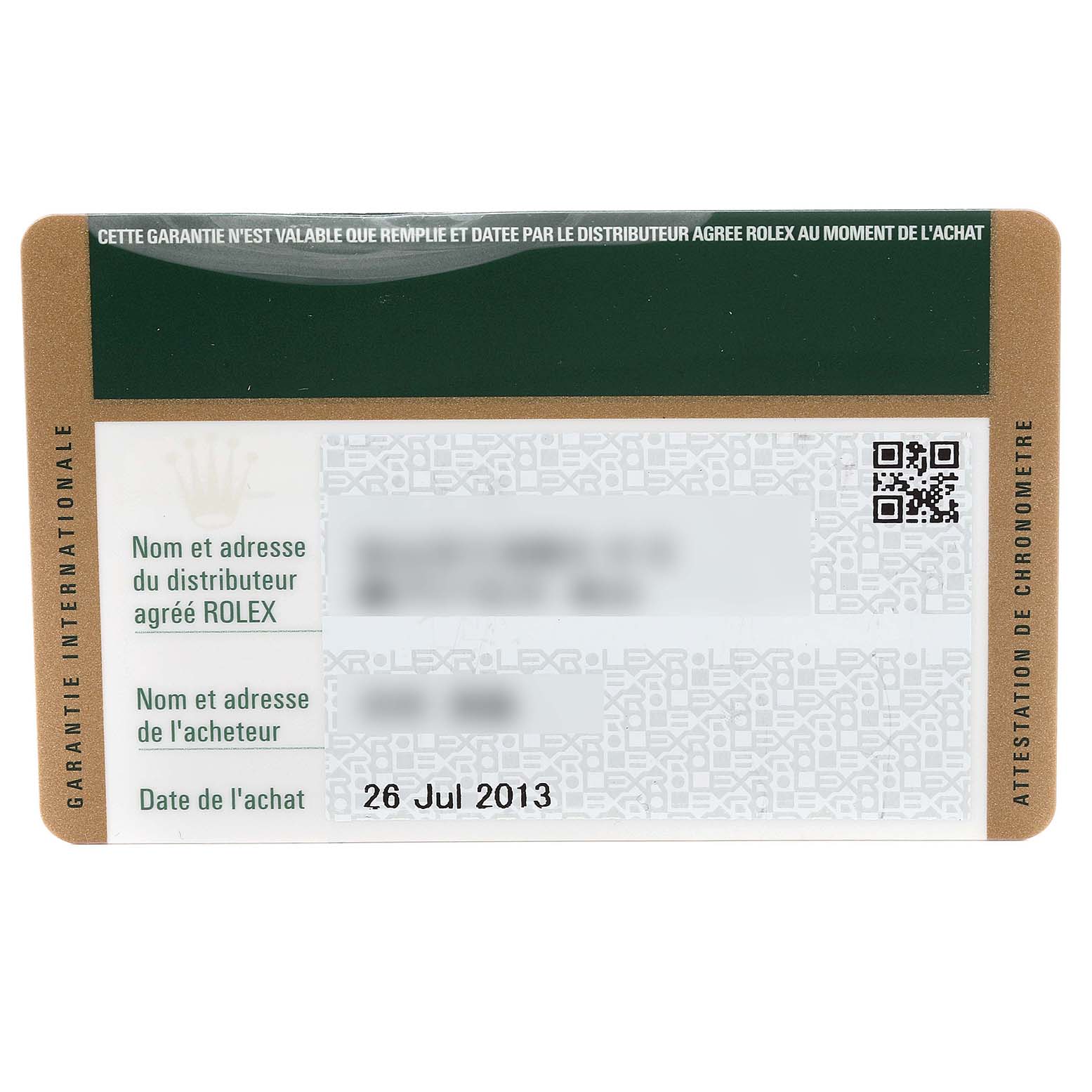 This image shows the warranty card for a Rolex Datejust 41 116300 Men
s Stainless Steel Blue Dial 116300 Men
s Stainless Steel Blue Dial model, displaying purchase details and distributor information.