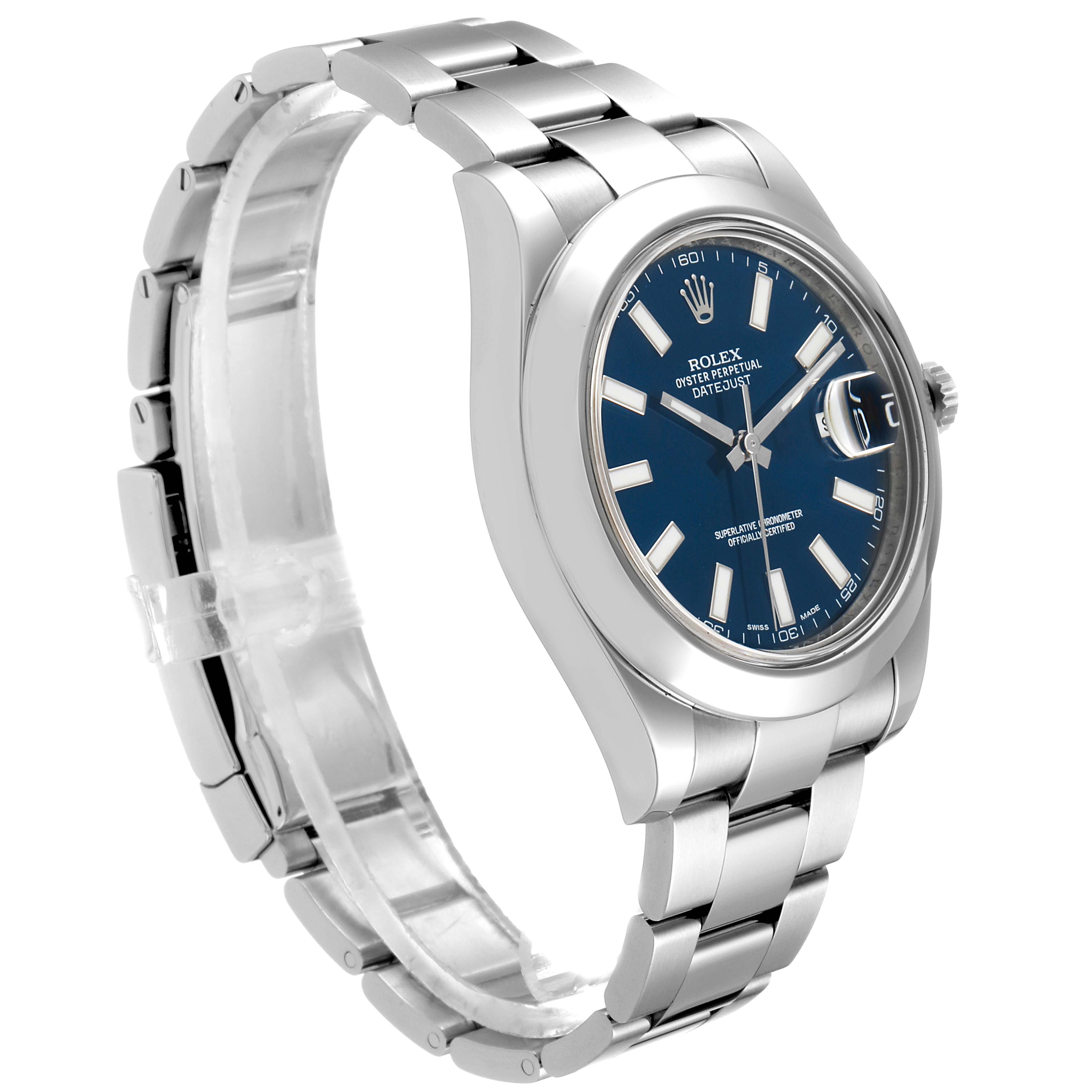 The Rolex Datejust 41 116300 Men
s Stainless Steel Blue Dial 116300 Men
s Stainless Steel Blue Dial watch is shown from an angled side view, highlighting the band, dial, and crown.