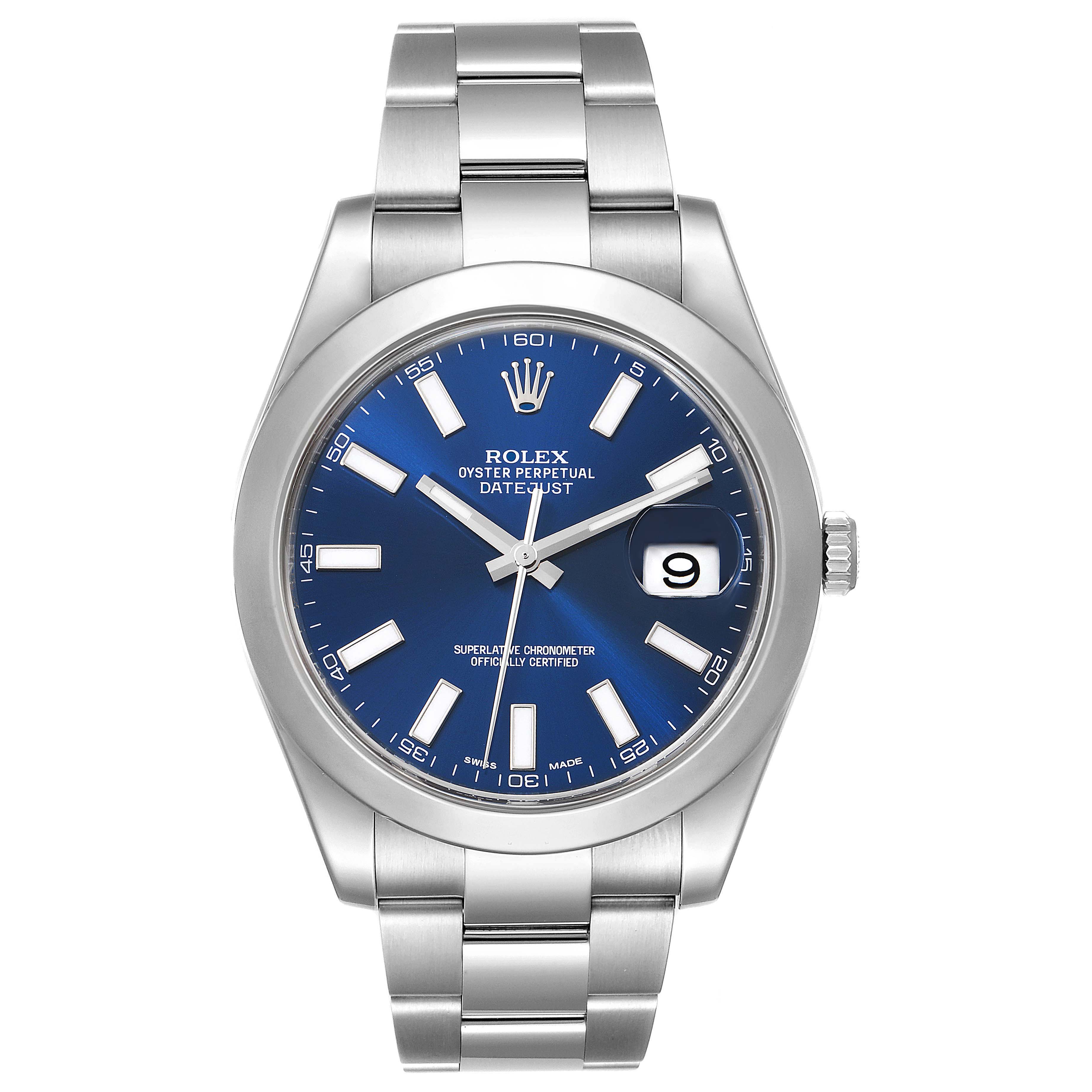 This image shows a front view of the Rolex Datejust 41 116300 Men
s Stainless Steel Blue Dial 116300 Men
s Stainless Steel Blue Dial watch with a blue dial and silver bracelet.