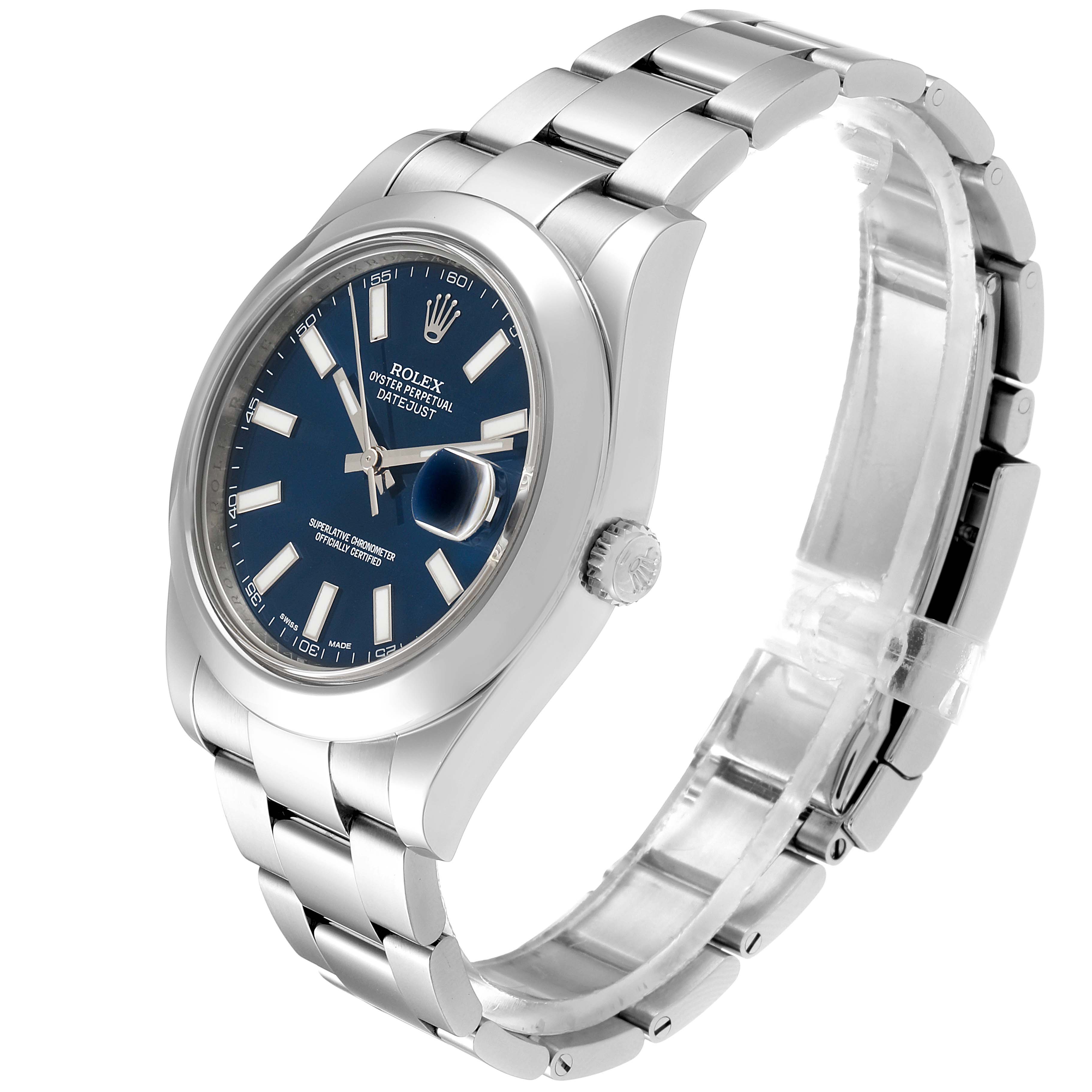 This image shows a Rolex Datejust 41 116300 Men
s Stainless Steel Blue Dial 116300 Men
s Stainless Steel Blue Dial watch at a three-quarter angle, highlighting its dial, case, crown, and bracelet.