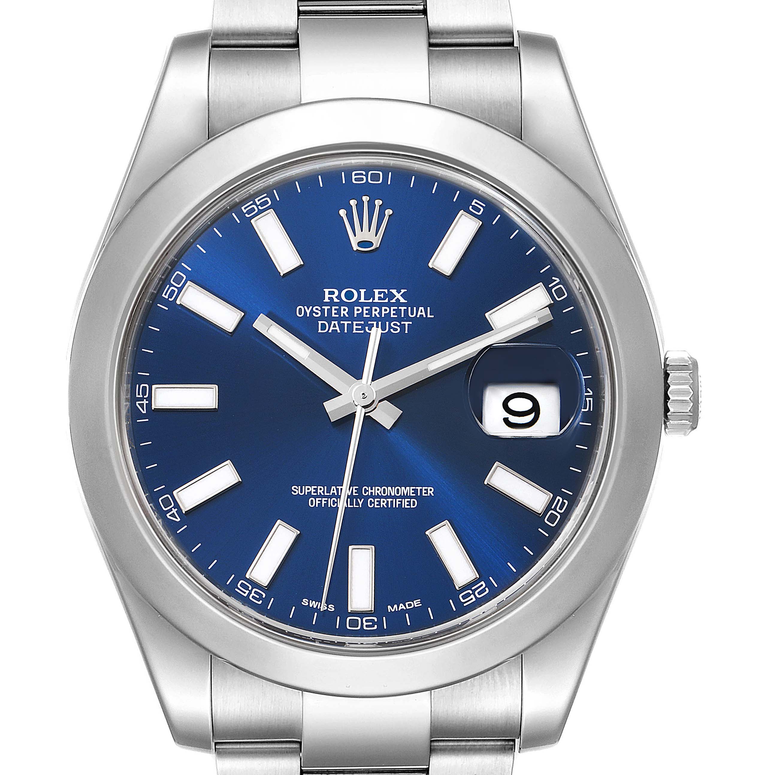 This image shows a front view of a Rolex Datejust 41 116300 Men
s Stainless Steel Blue Dial 116300 Men
s Stainless Steel Blue Dial watch, featuring a blue dial, date window, and stainless steel bracelet.