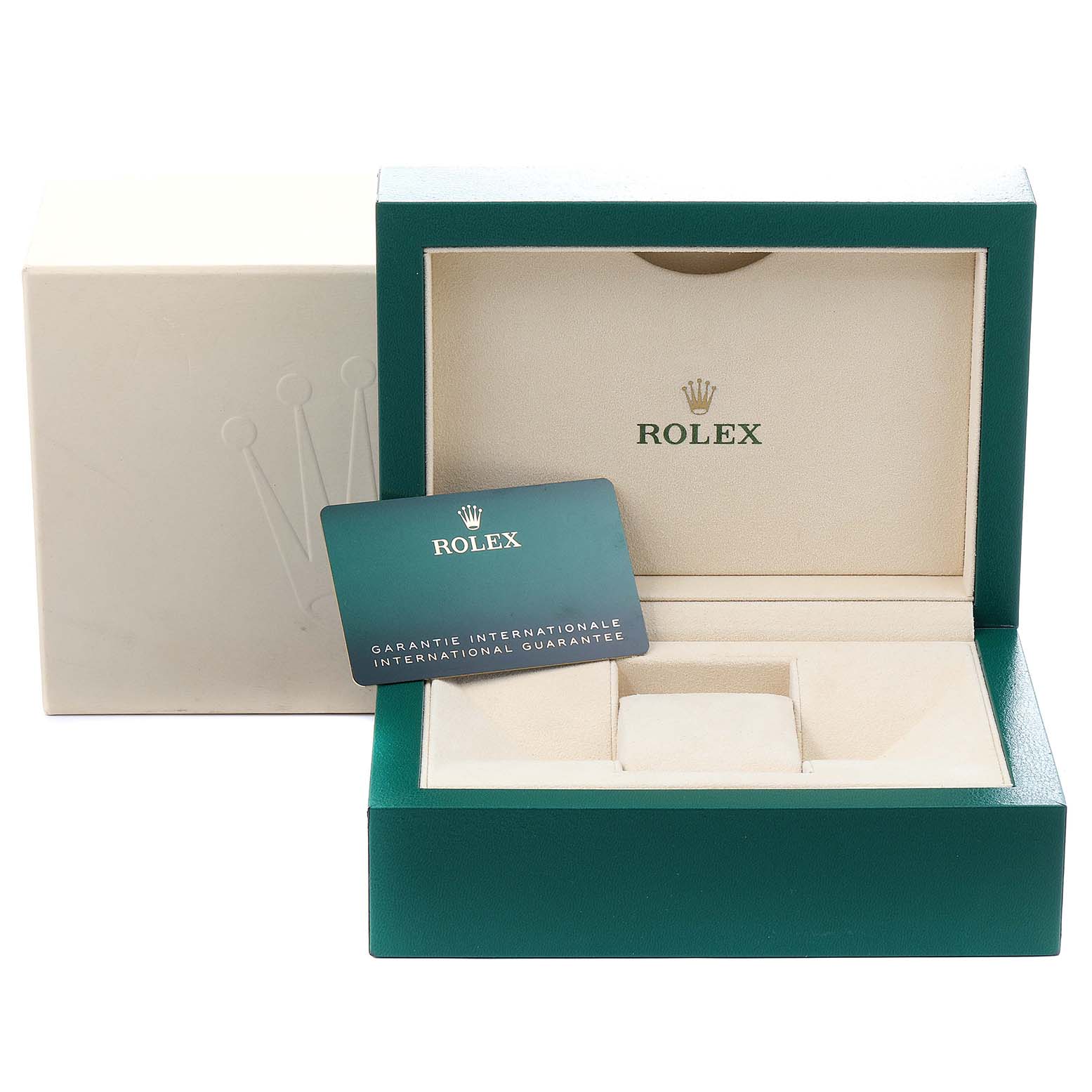 The image shows the packaging and warranty card for a Rolex Datejust 41 126300 Men
s Stainless Steel Grey Dial 126300 Men
s Stainless Steel Grey Dial, featuring a green box and beige interior.