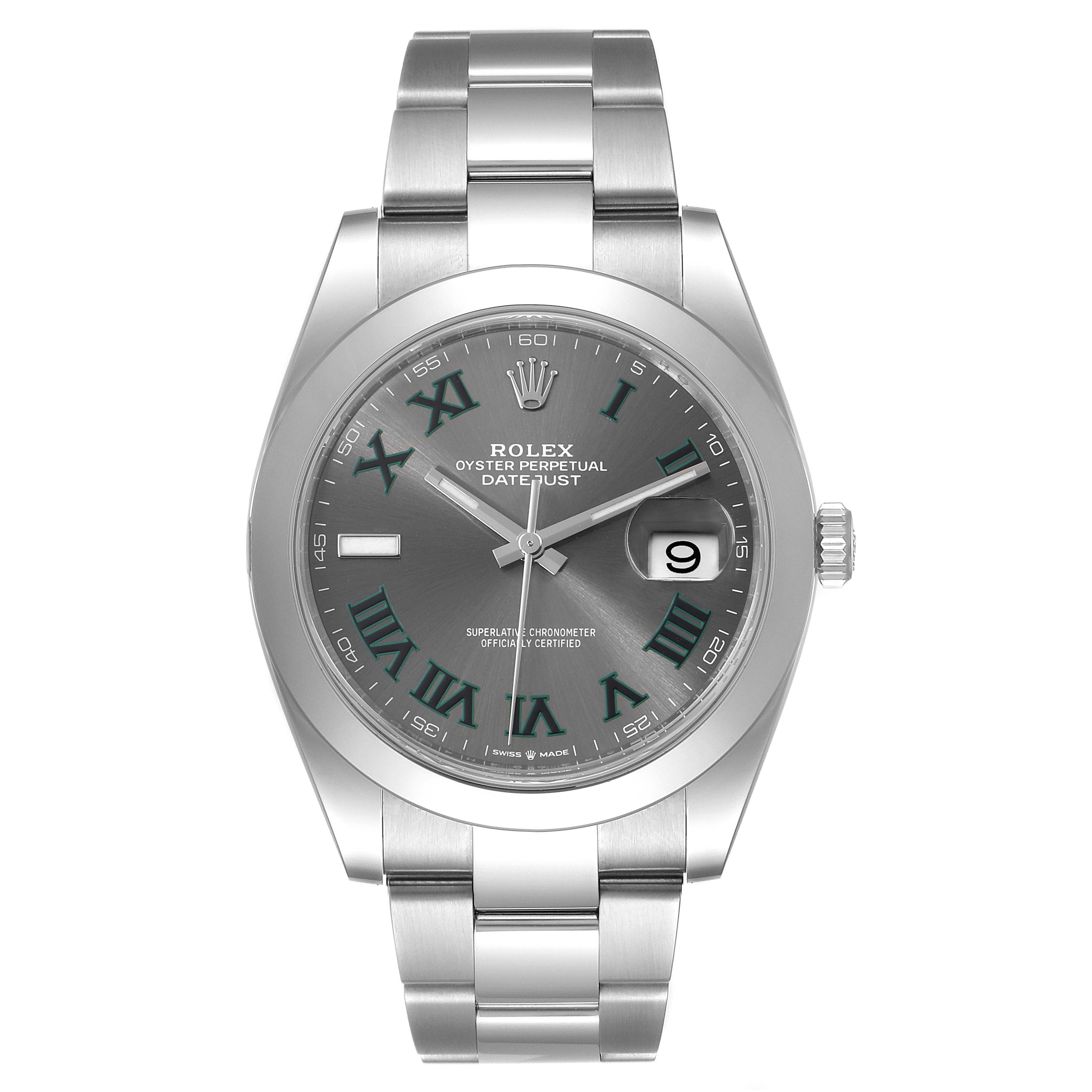 The image shows a front view of a Rolex Datejust 41 126300 Men
s Stainless Steel Grey Dial 126300 Men
s Stainless Steel Grey Dial watch, highlighting the dial, hands, and bracelet.