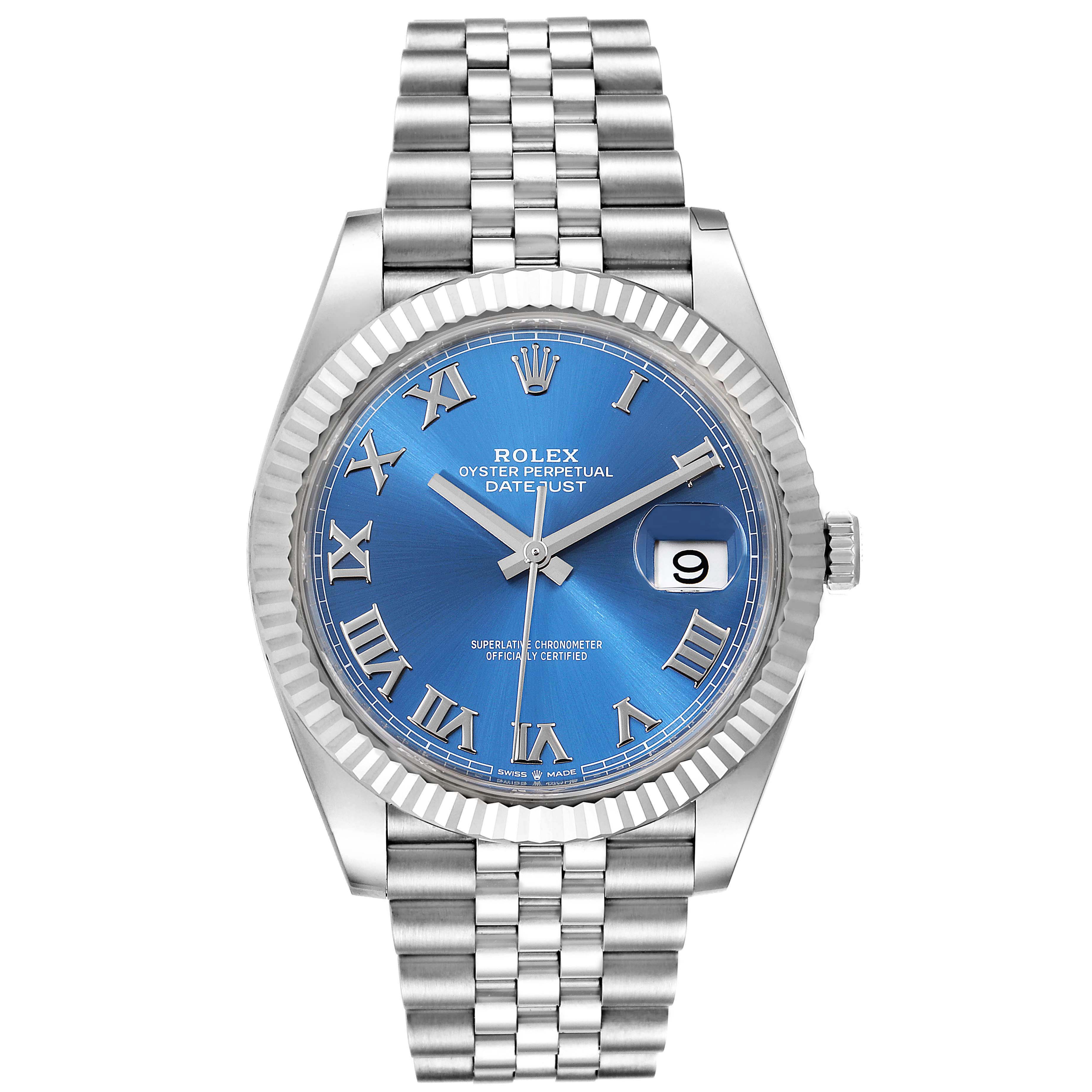 The image shows a front view of a Rolex Datejust 41 126334 Men
s Stainless Steel Blue Dial 126334 Men
s Stainless Steel Blue Dial watch with a blue dial, date display, and stainless steel jubilee bracelet.