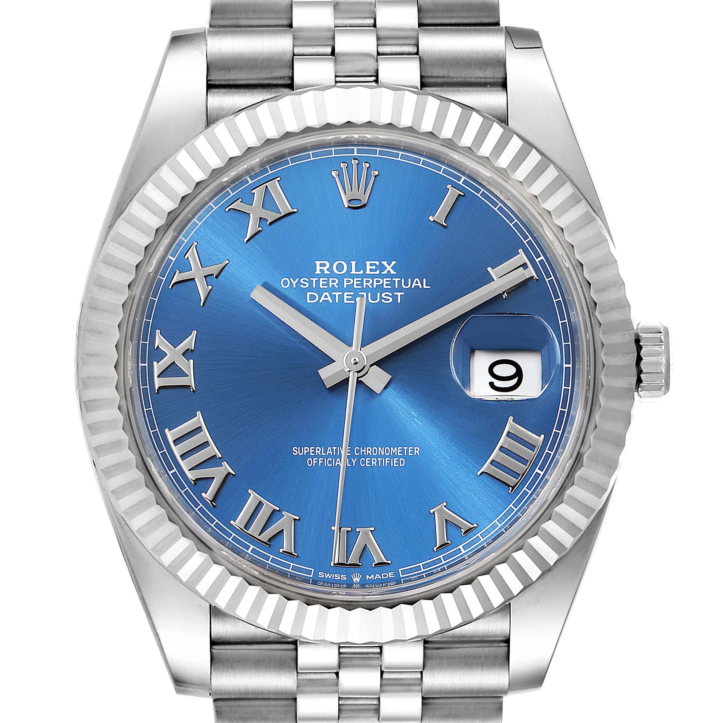 The image shows a front view of the Rolex Datejust 41 126334 Men
s Stainless Steel Blue Dial 126334 Men
s Stainless Steel Blue Dial, highlighting its blue dial, Roman numerals, fluted bezel, and jubilee bracelet.