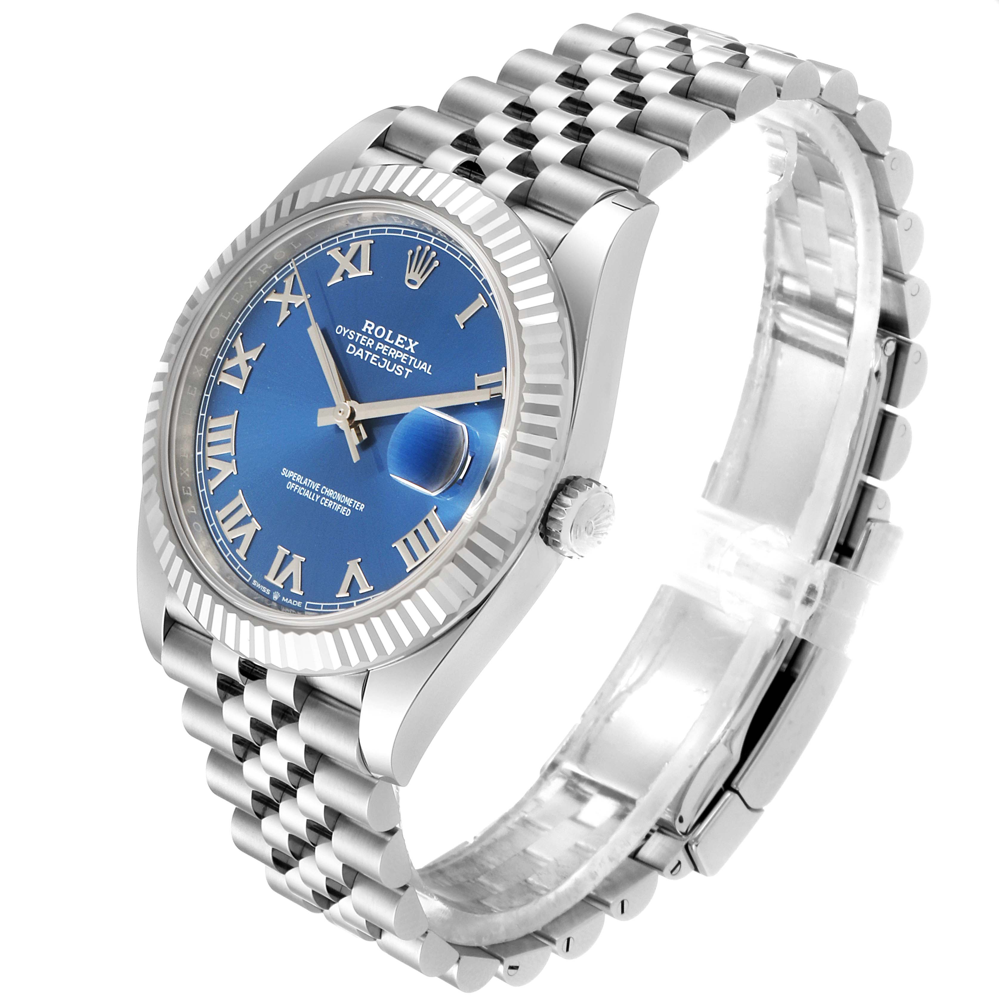 The image shows a Rolex Datejust 41 126334 Men
s Stainless Steel Blue Dial 126334 Men
s Stainless Steel Blue Dial model watch at a three-quarter angle highlighting its blue dial, fluted bezel, and Jubilee bracelet.