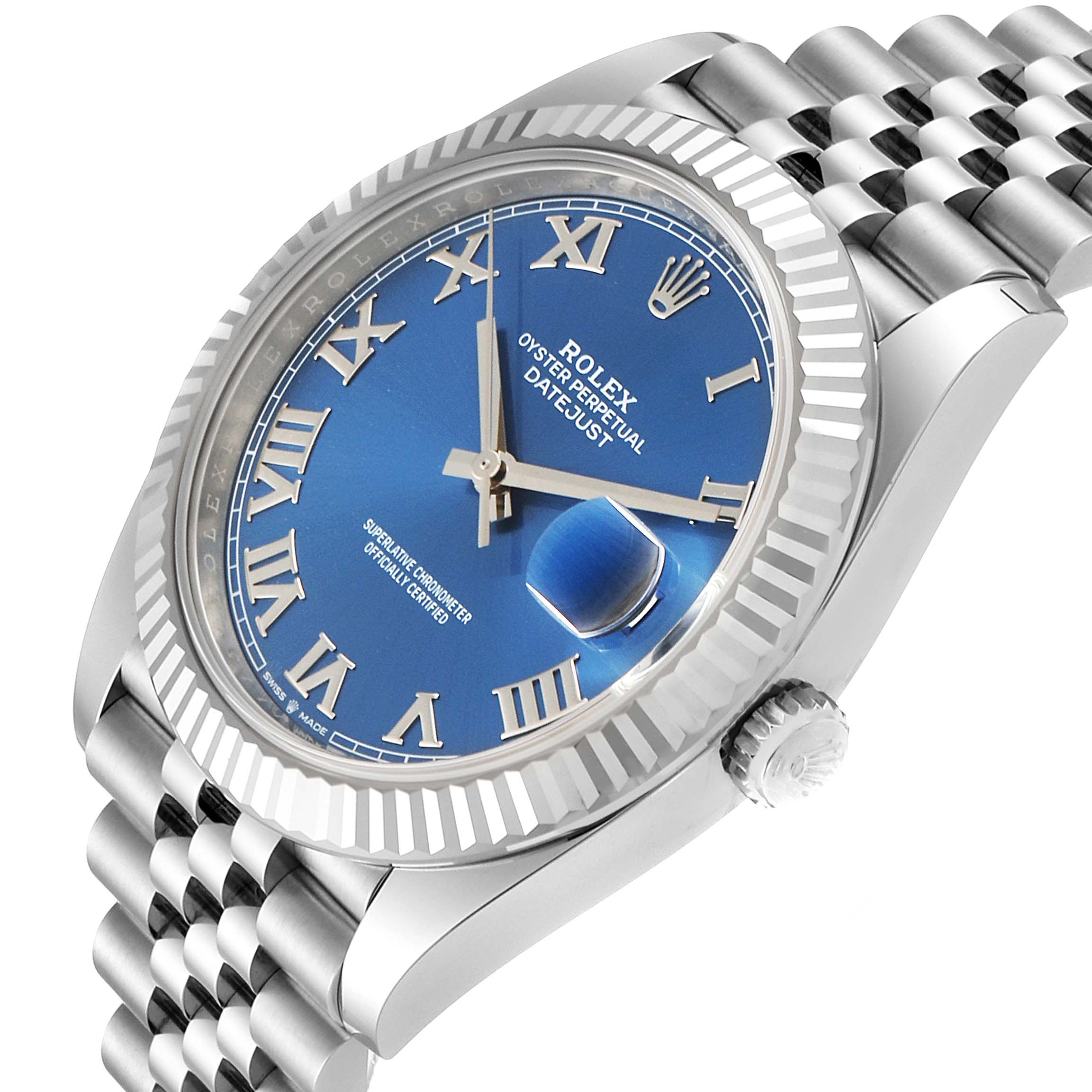 The image shows a side angle of the Rolex Datejust 41 126334 Men
s Stainless Steel Blue Dial 126334 Men
s Stainless Steel Blue Dial watch, highlighting the blue dial, fluted bezel, and Jubilee bracelet.
