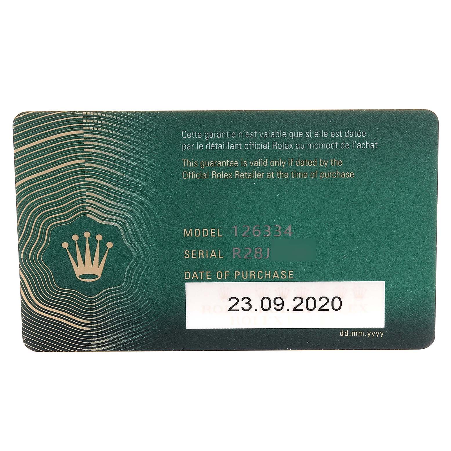 The image shows a warranty card for the Rolex Datejust 41 126334 Men
s Stainless Steel Blue Dial 126334 Men
s Stainless Steel Blue Dial model, displaying the model number 126334 and purchase date 23.09.2020.