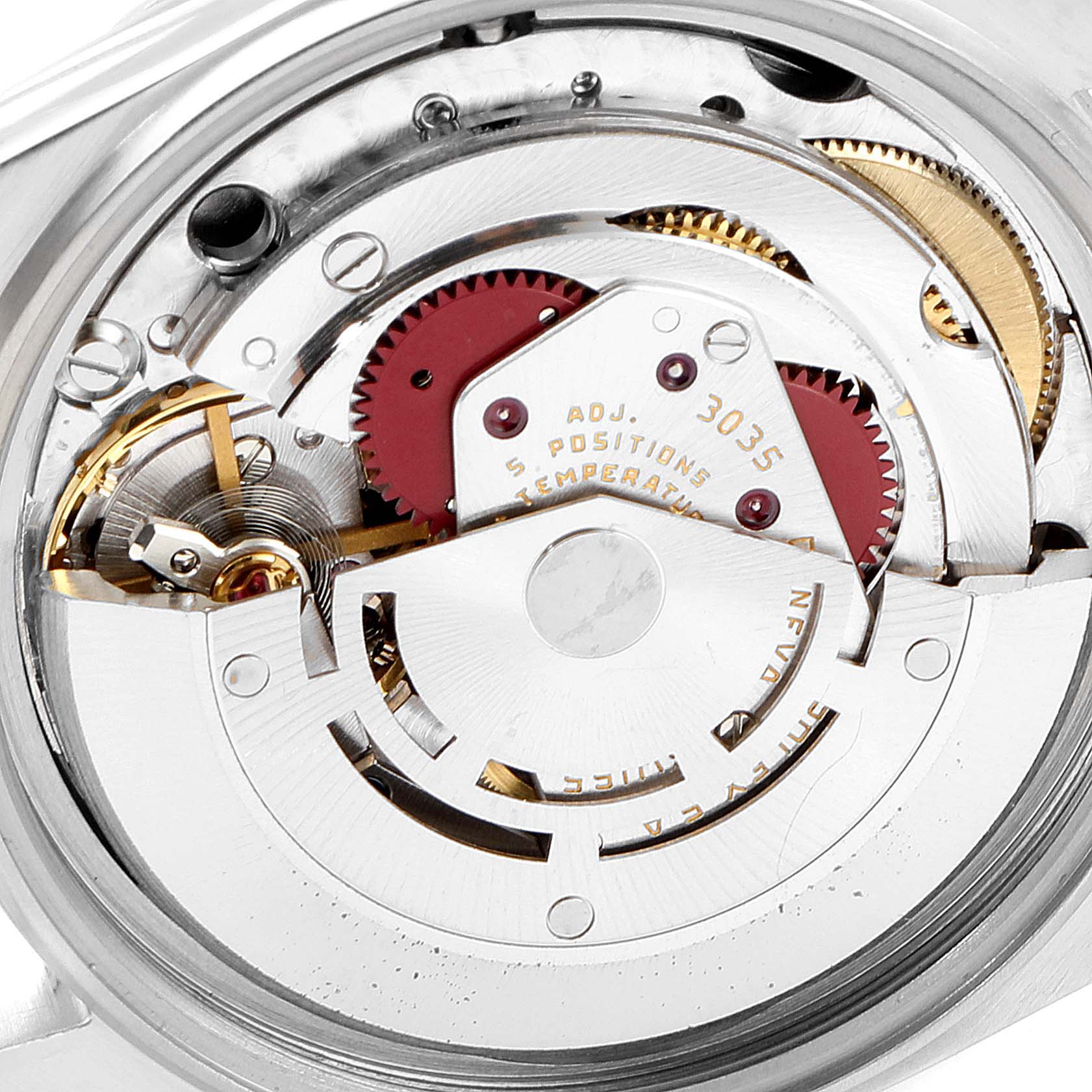 This image shows the inner mechanism and movement parts of a Rolex Vintage Collection 16030 Men's Stainless Steel Blue Dial 16030 Men's Stainless Steel Blue Dial model watch viewed from the back.