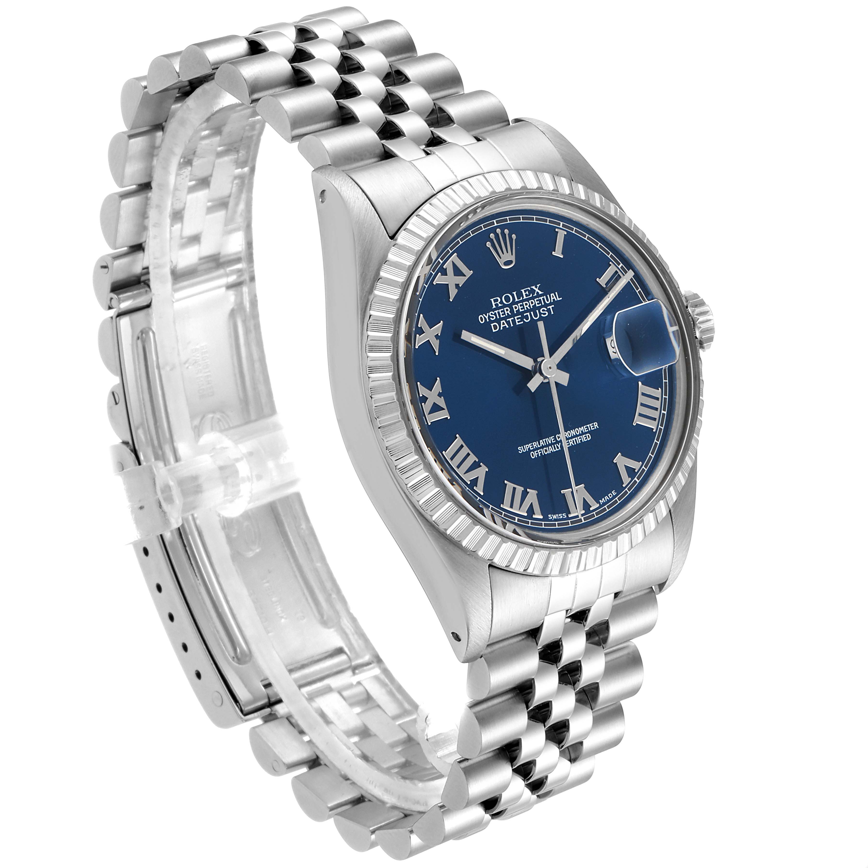 The Rolex Vintage Collection 16030 Men's Stainless Steel Blue Dial 16030 Men's Stainless Steel Blue Dial model watch is shown in a three-quarter angle, highlighting its Jubilee bracelet, blue Roman numeral dial, and fluted bezel.