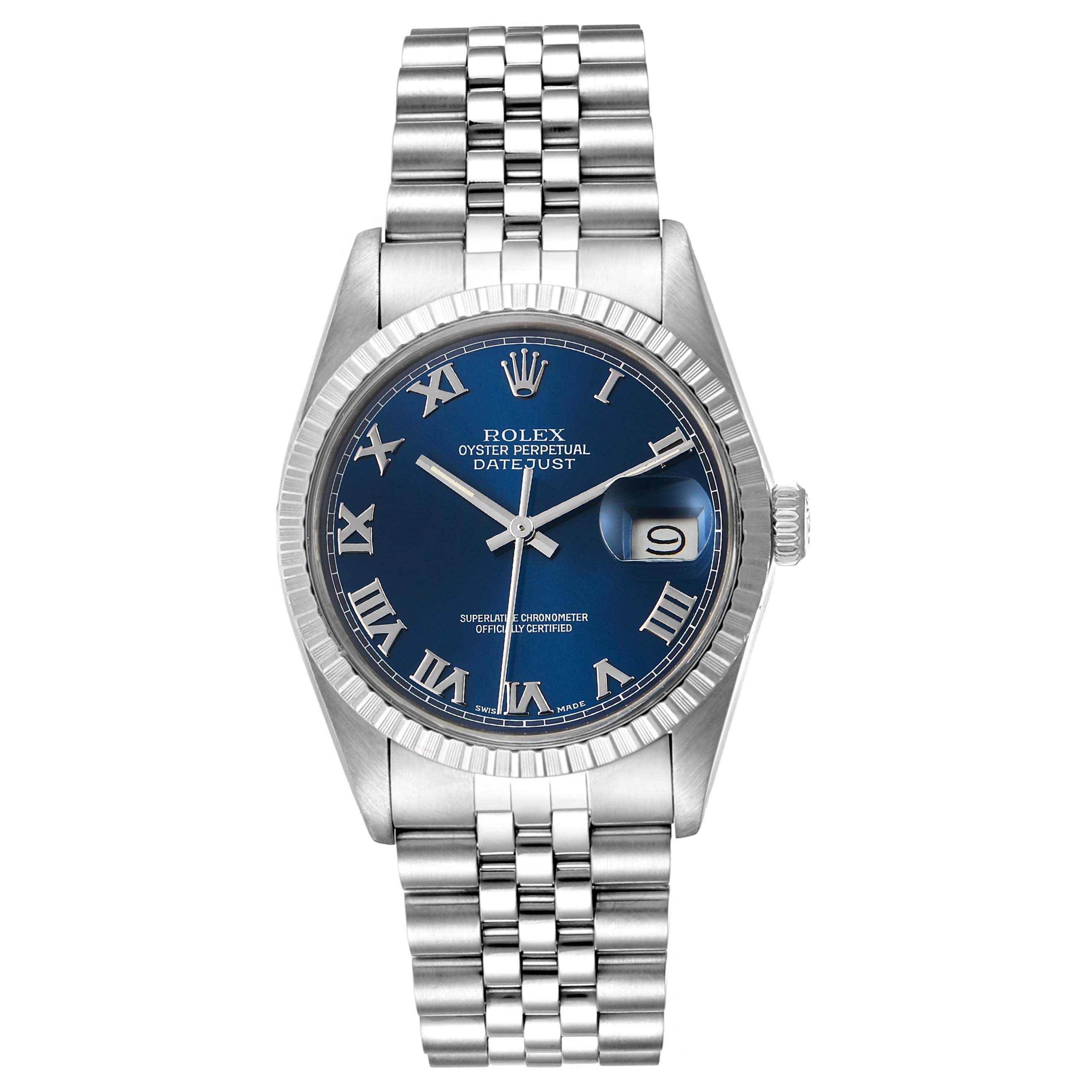 The image shows a front view of the Rolex Vintage Collection 16030 Men's Stainless Steel Blue Dial 16030 Men's Stainless Steel Blue Dial Datejust model, displaying its dial, bezel, and bracelet.