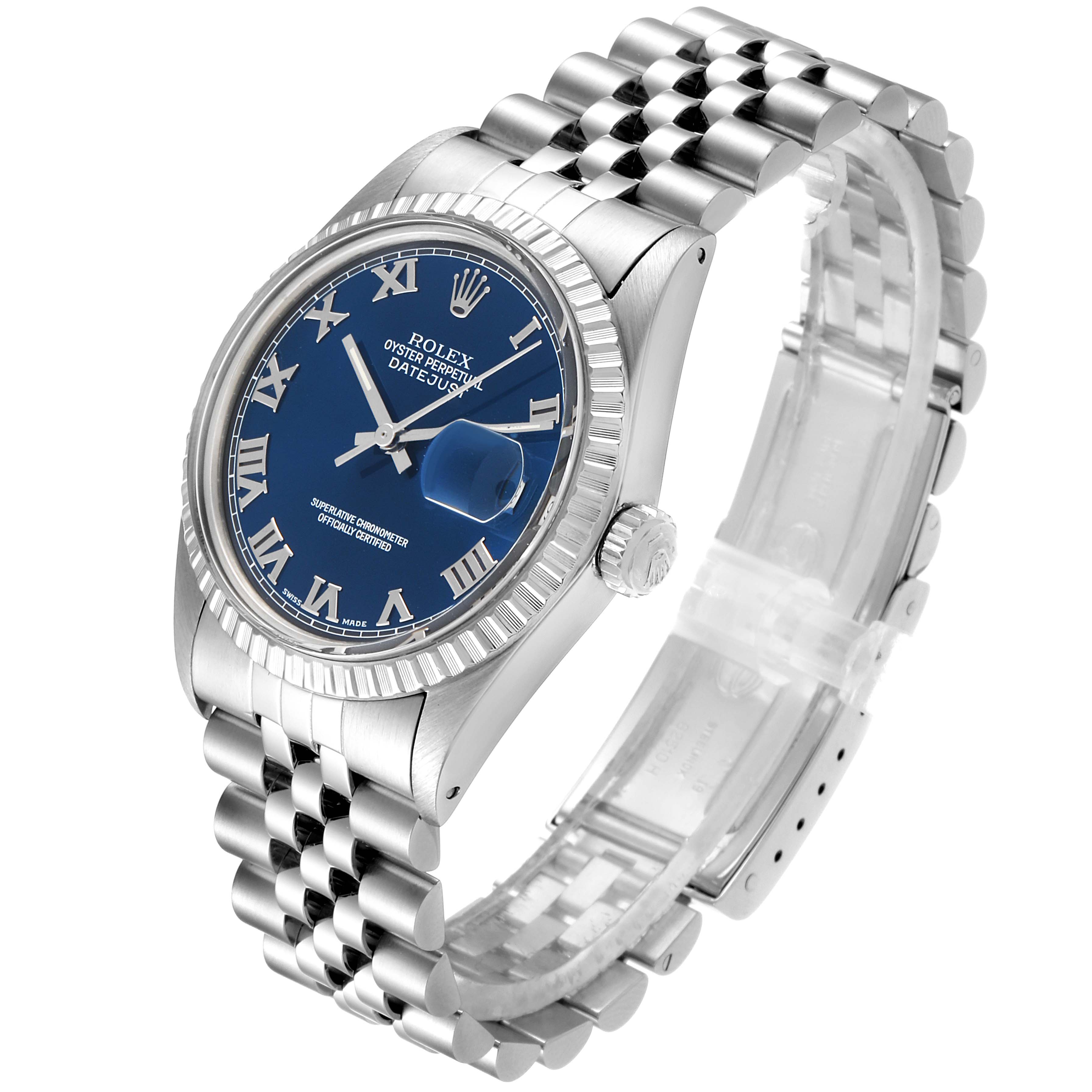 The image shows a top-side angle of the Rolex Vintage Collection 16030 Men's Stainless Steel Blue Dial 16030 Men's Stainless Steel Blue Dial Datejust watch, displaying its blue dial, fluted bezel, and Jubilee bracelet.