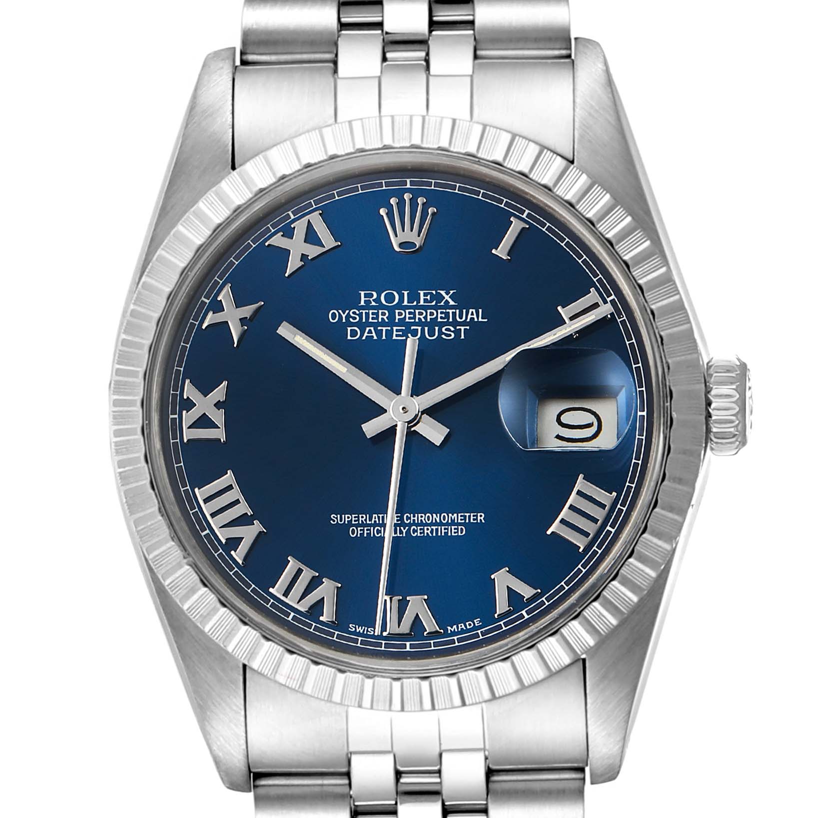 This is a front view of the Rolex Datejust from the Vintage Collection, showcasing its blue dial, roman numeral markers, and jubilee bracelet.