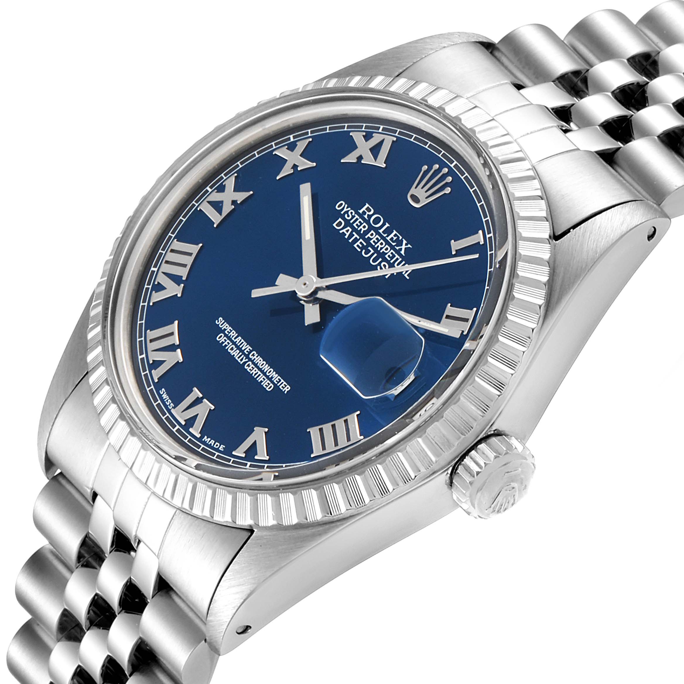 The image shows a close-up side angle of the Rolex Vintage Collection 16030 Men's Stainless Steel Blue Dial 16030 Men's Stainless Steel Blue Dial watch, highlighting its blue dial, Roman numerals, bezel, and crown.