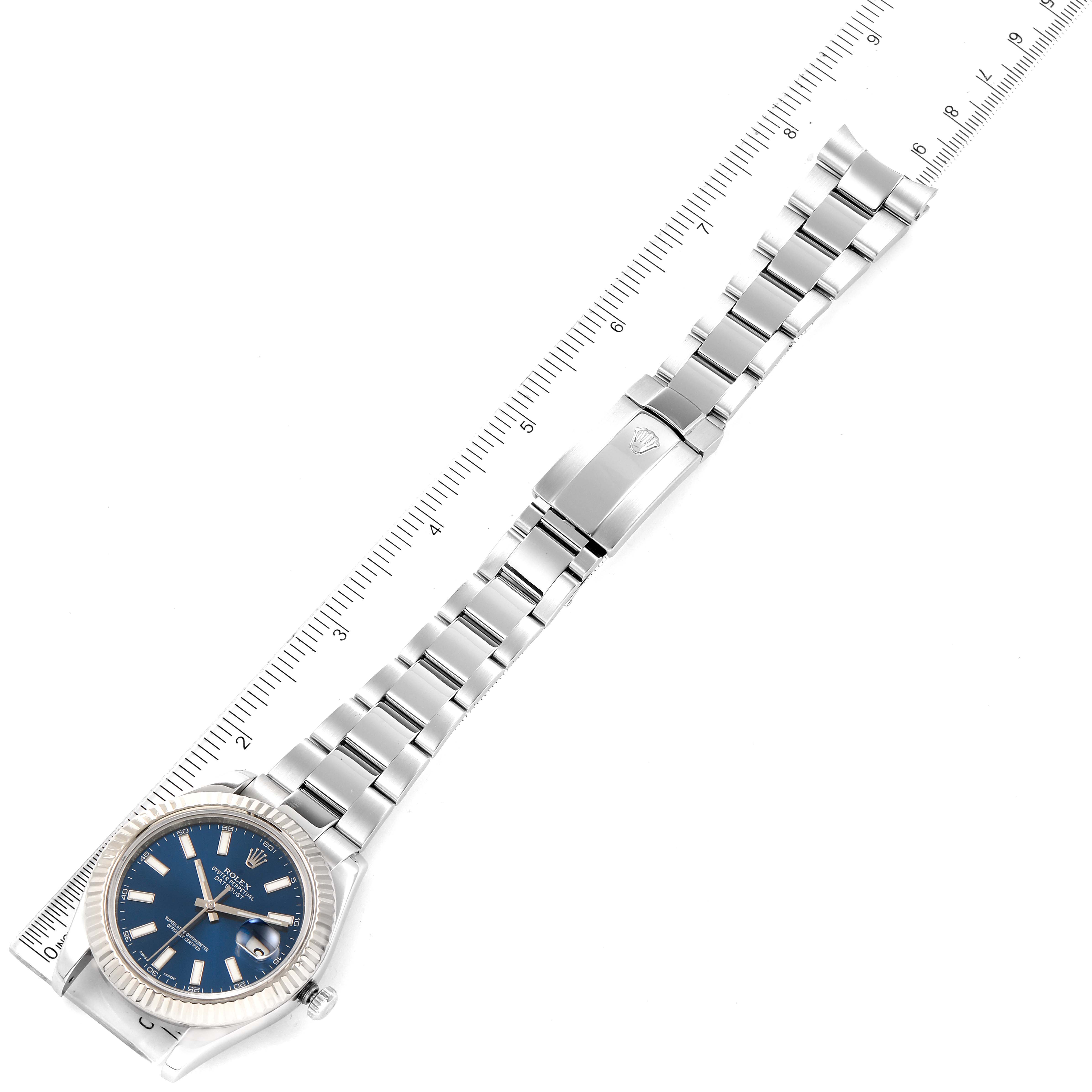 This image shows a top-down view of a Rolex Datejust 41 116334 Men
s Stainless Steel Blue Dial 116334 Men
s Stainless Steel Blue Dial watch, featuring its full bracelet, clasp, and dial.