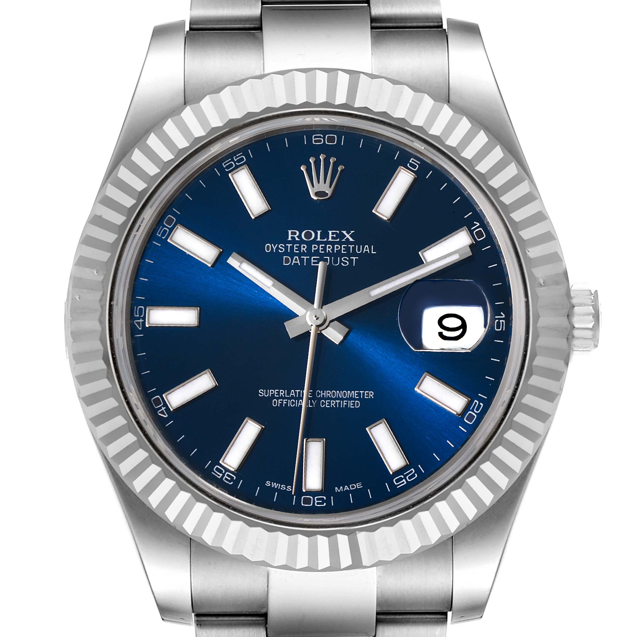 The image shows a front view of a Rolex Datejust 41 116334 Men
s Stainless Steel Blue Dial 116334 Men
s Stainless Steel Blue Dial watch, highlighting its blue dial, fluted bezel, and bracelet.