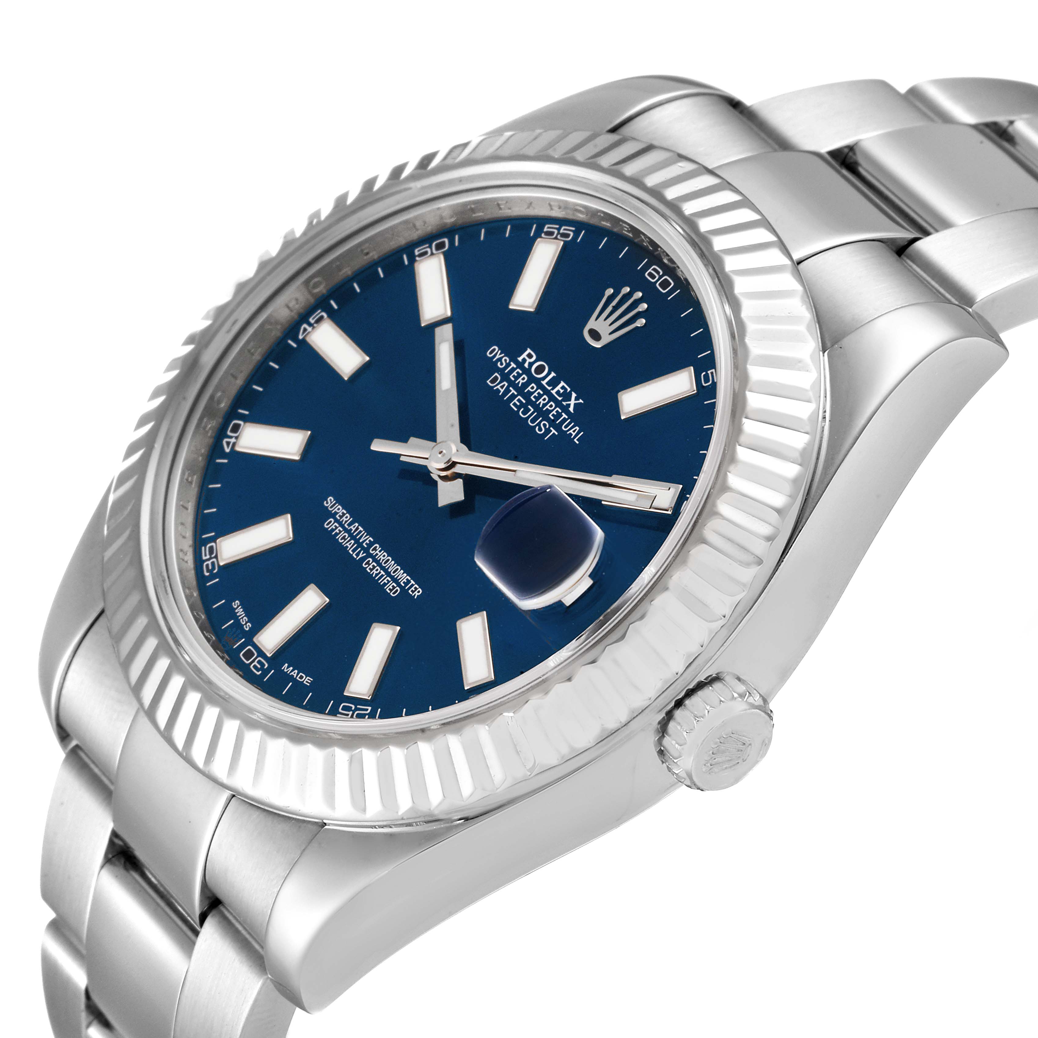 The image shows a close-up of the Rolex Datejust 41 116334 Men
s Stainless Steel Blue Dial 116334 Men
s Stainless Steel Blue Dial watch, displaying the face, bezel, crown, and part of the bracelet.