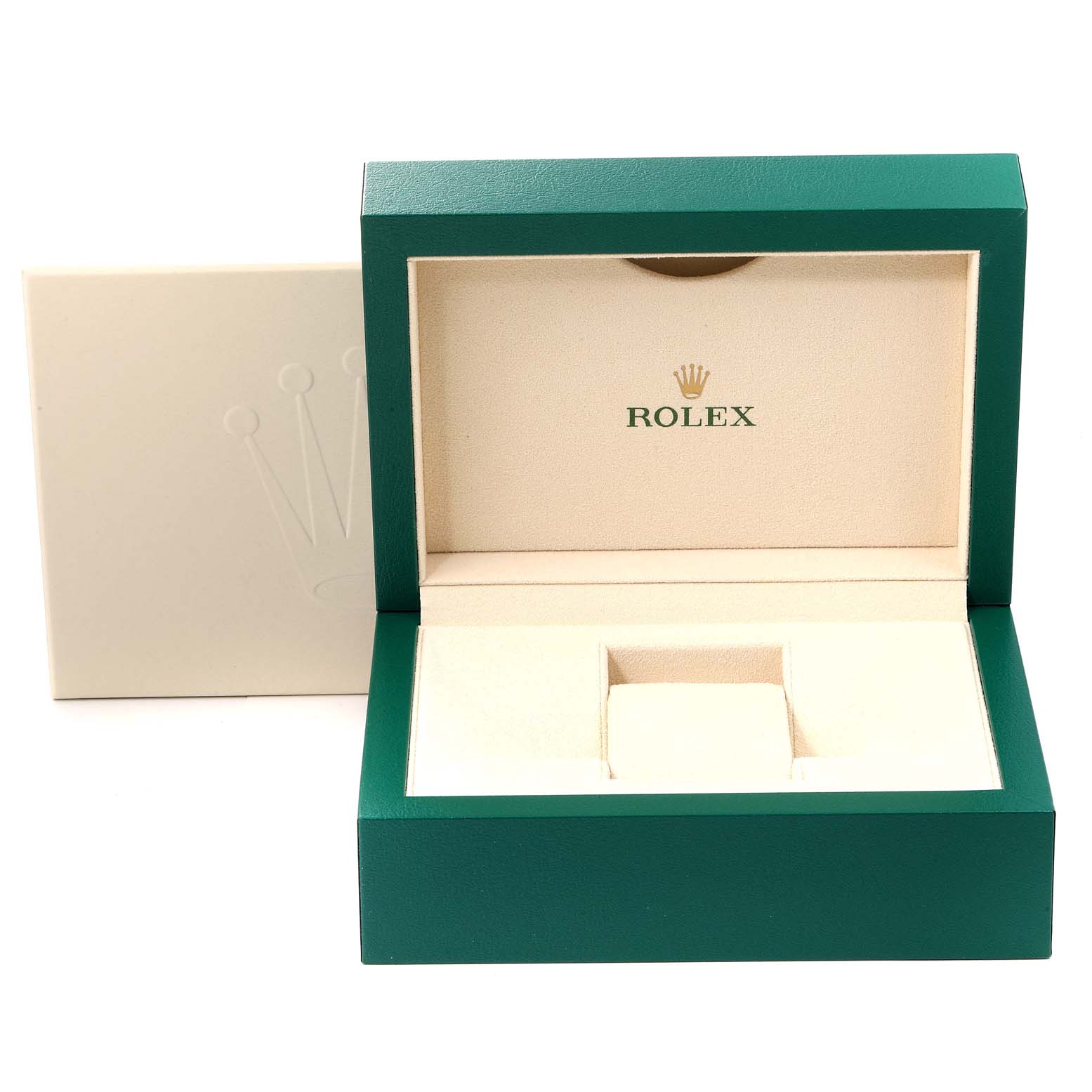 The image shows an open green Rolex Datejust 41 116334 Men
s Stainless Steel Blue Dial 116334 Men
s Stainless Steel Blue Dial watch box with the logo, alongside a beige outer box.