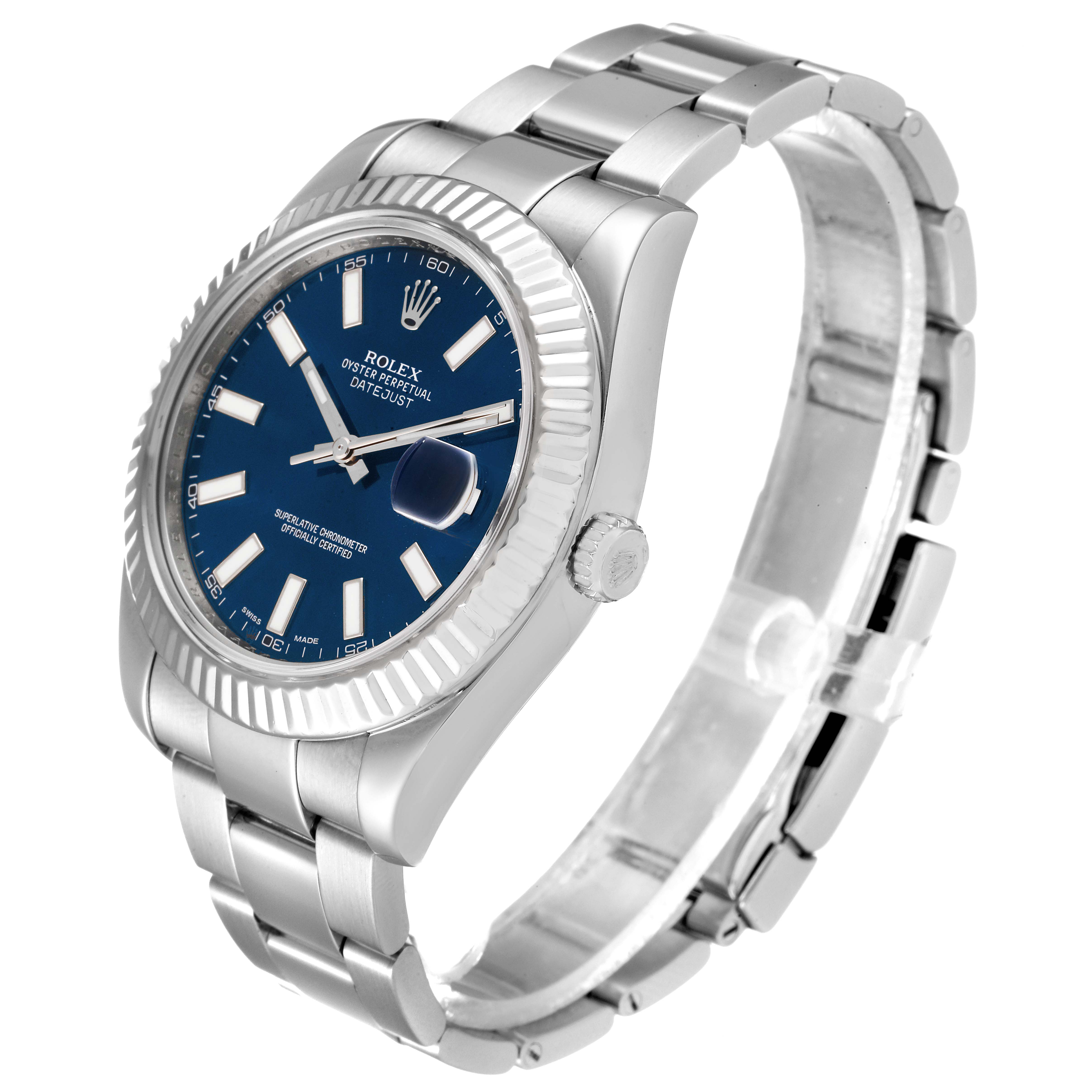 The image shows a Rolex Datejust 41 116334 Men
s Stainless Steel Blue Dial 116334 Men
s Stainless Steel Blue Dial watch at a three-quarter angle, highlighting its blue dial, fluted bezel, and stainless steel bracelet.