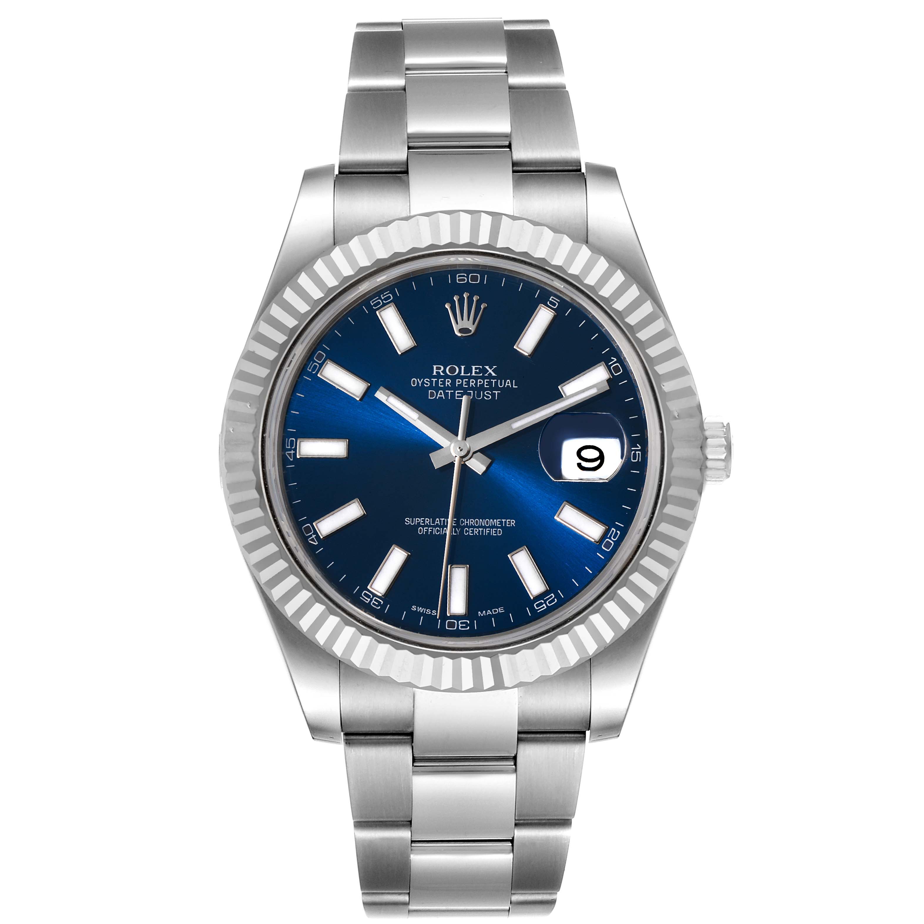 The image shows a front view of the Rolex Datejust 41 116334 Men
s Stainless Steel Blue Dial 116334 Men
s Stainless Steel Blue Dial watch, highlighting its blue dial, fluted bezel, and Oyster bracelet.